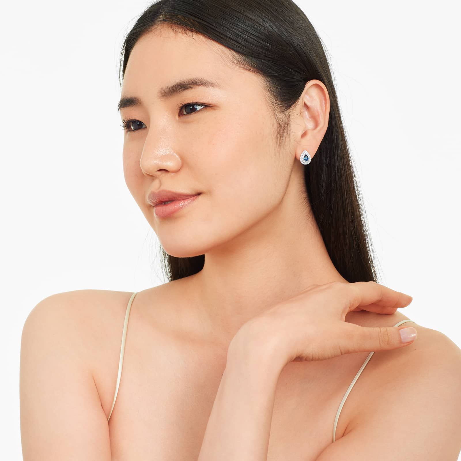 Pear Shape Sapphire And Diamond Double Halo Earrings In 18K White Gold