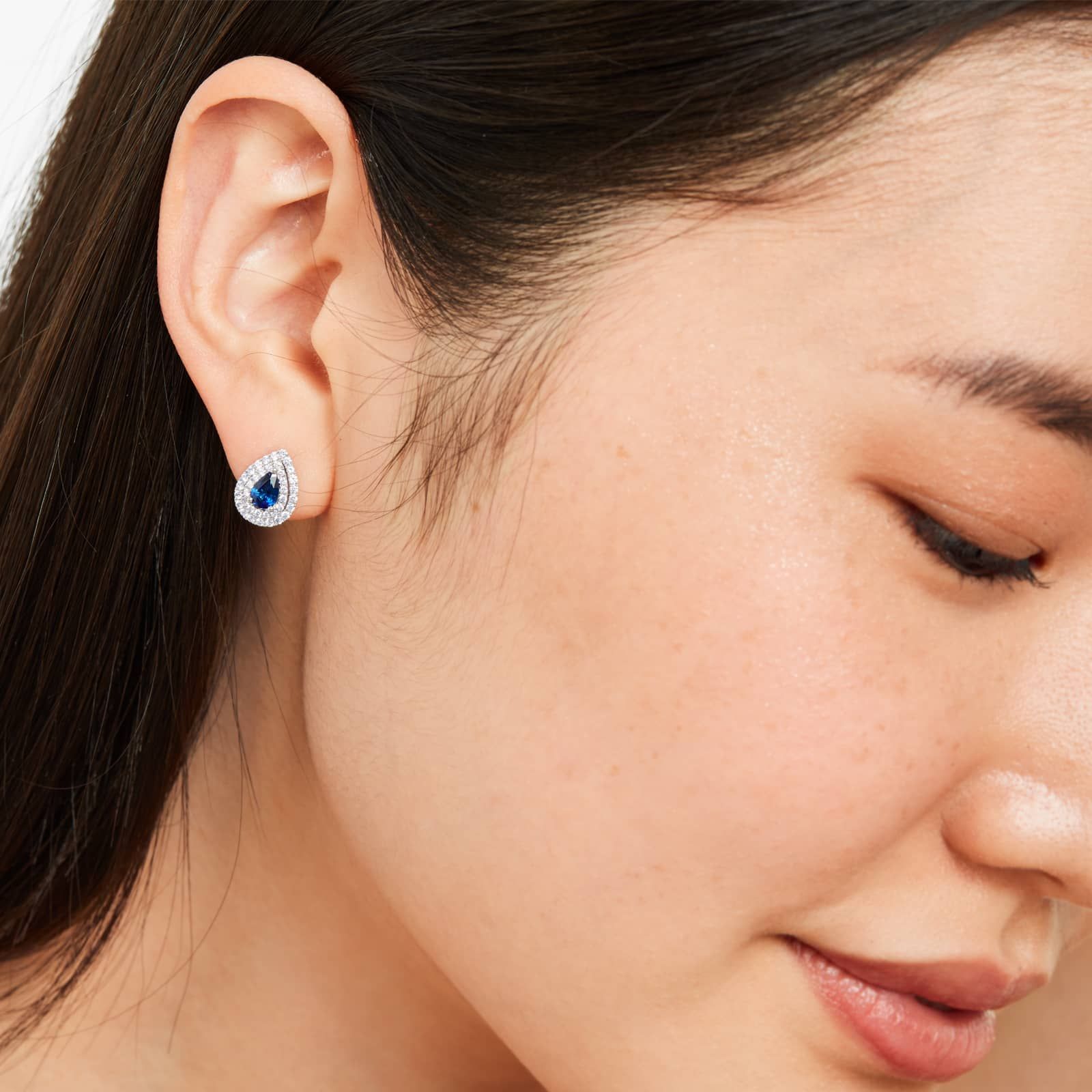 Pear Shape Sapphire And Diamond Double Halo Earrings In 18K White Gold