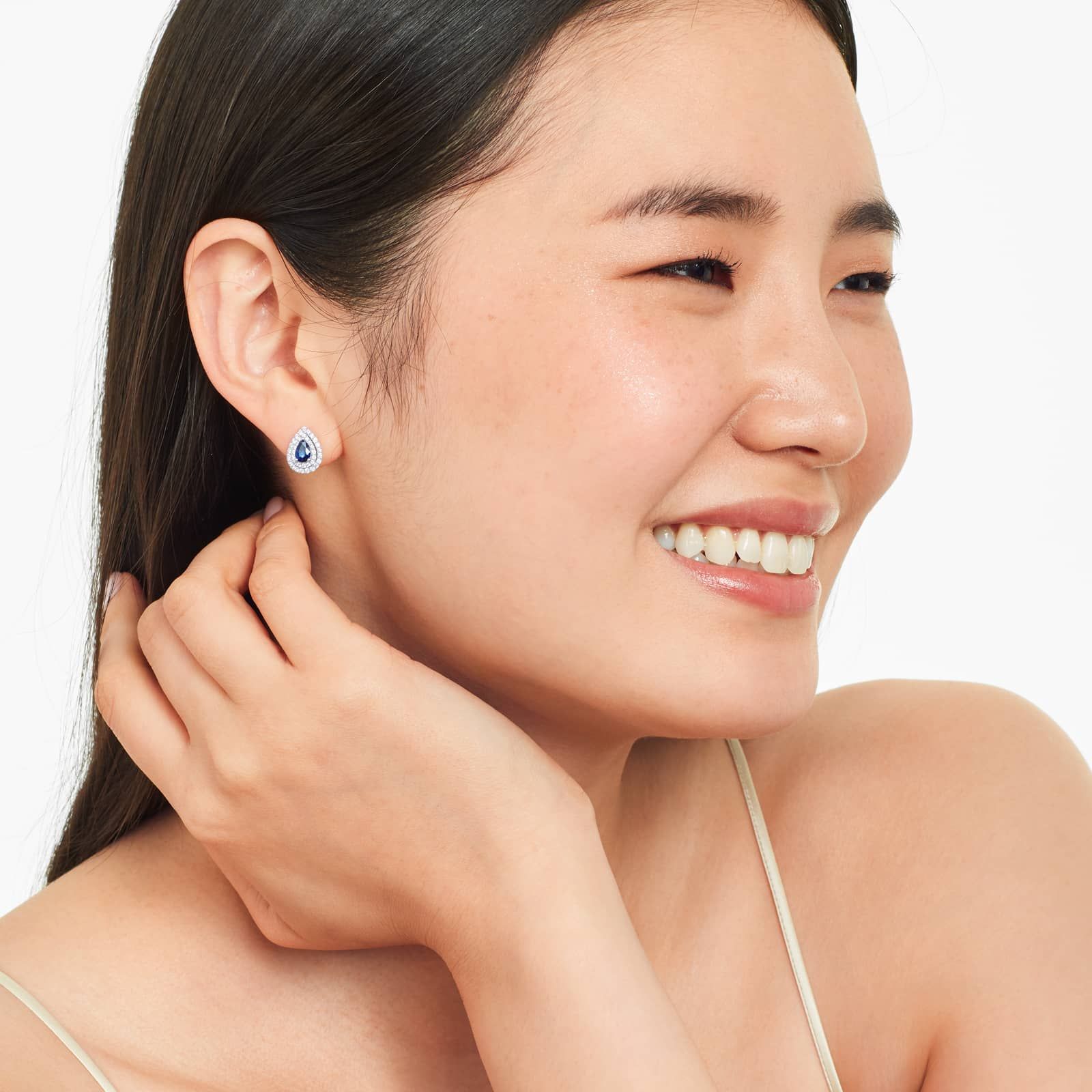 Pear Shape Sapphire And Diamond Double Halo Earrings In 18K White Gold