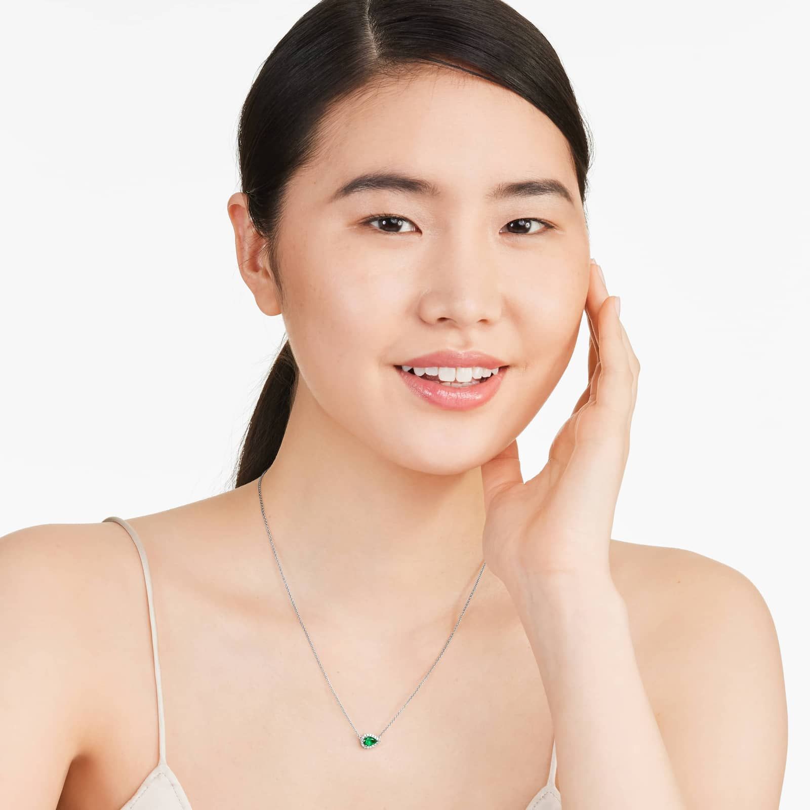 18K White Gold Sideways Pear Emerald and Diamond Halo Necklace