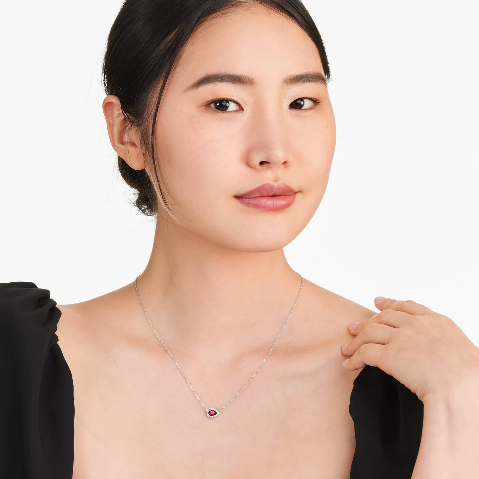 18K White Gold Sideways Pear Ruby and Diamond Halo Necklace