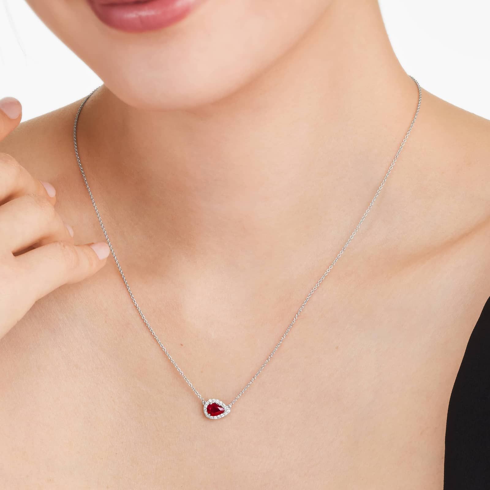 18K White Gold Sideways Pear Ruby and Diamond Halo Necklace