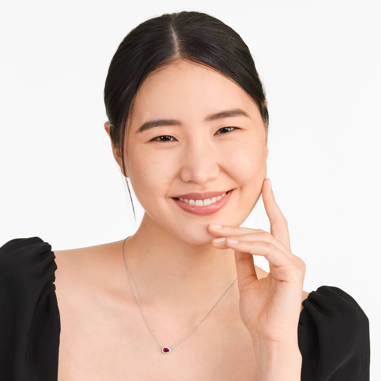 18K White Gold Sideways Pear Ruby and Diamond Halo Necklace