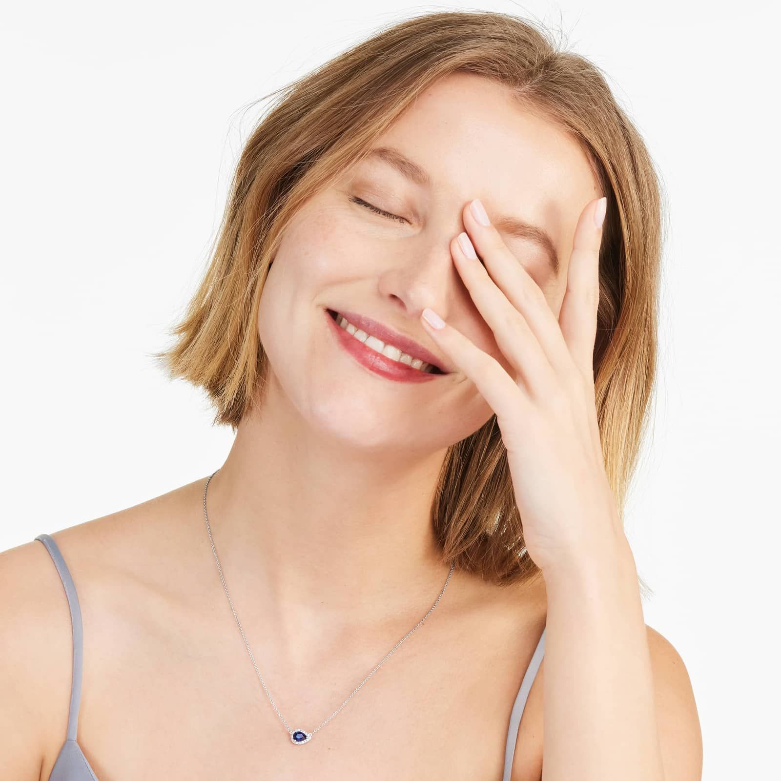 18K White Gold Sideways Pear Sapphire and Diamond Halo Necklace