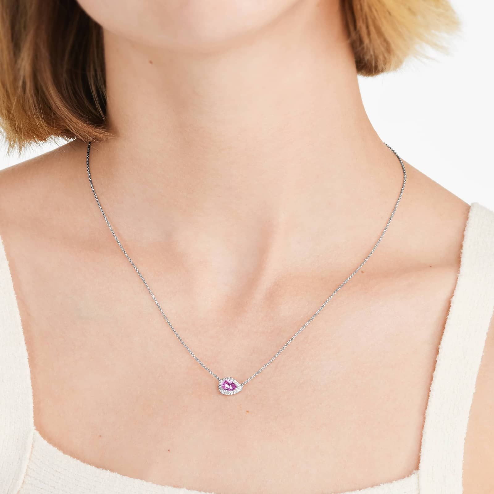 18K White Gold Sideways Pear Pink Sapphire and Diamond Halo Necklace