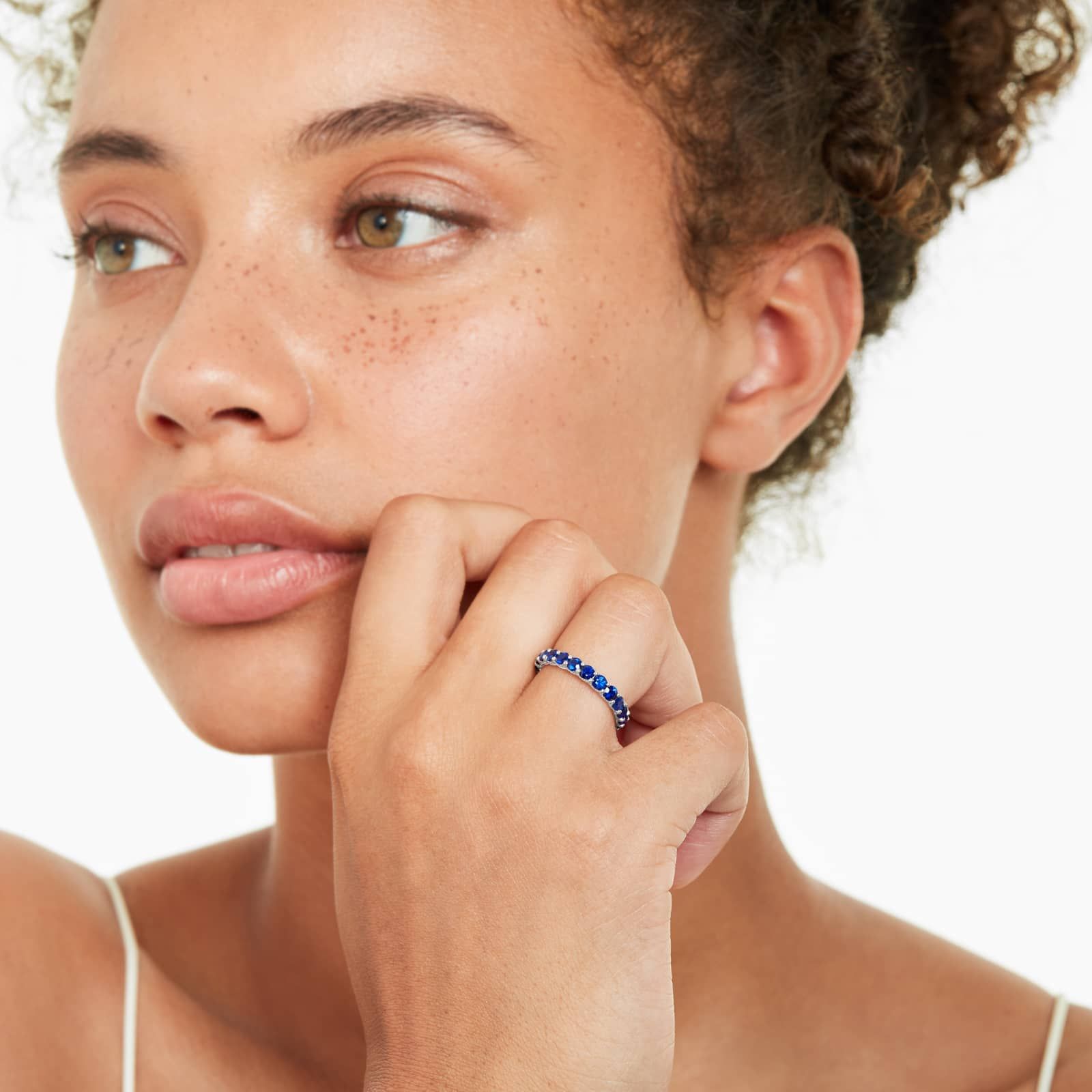 Milgrain Embellished Sapphire Eternity Ring In 14K White Gold