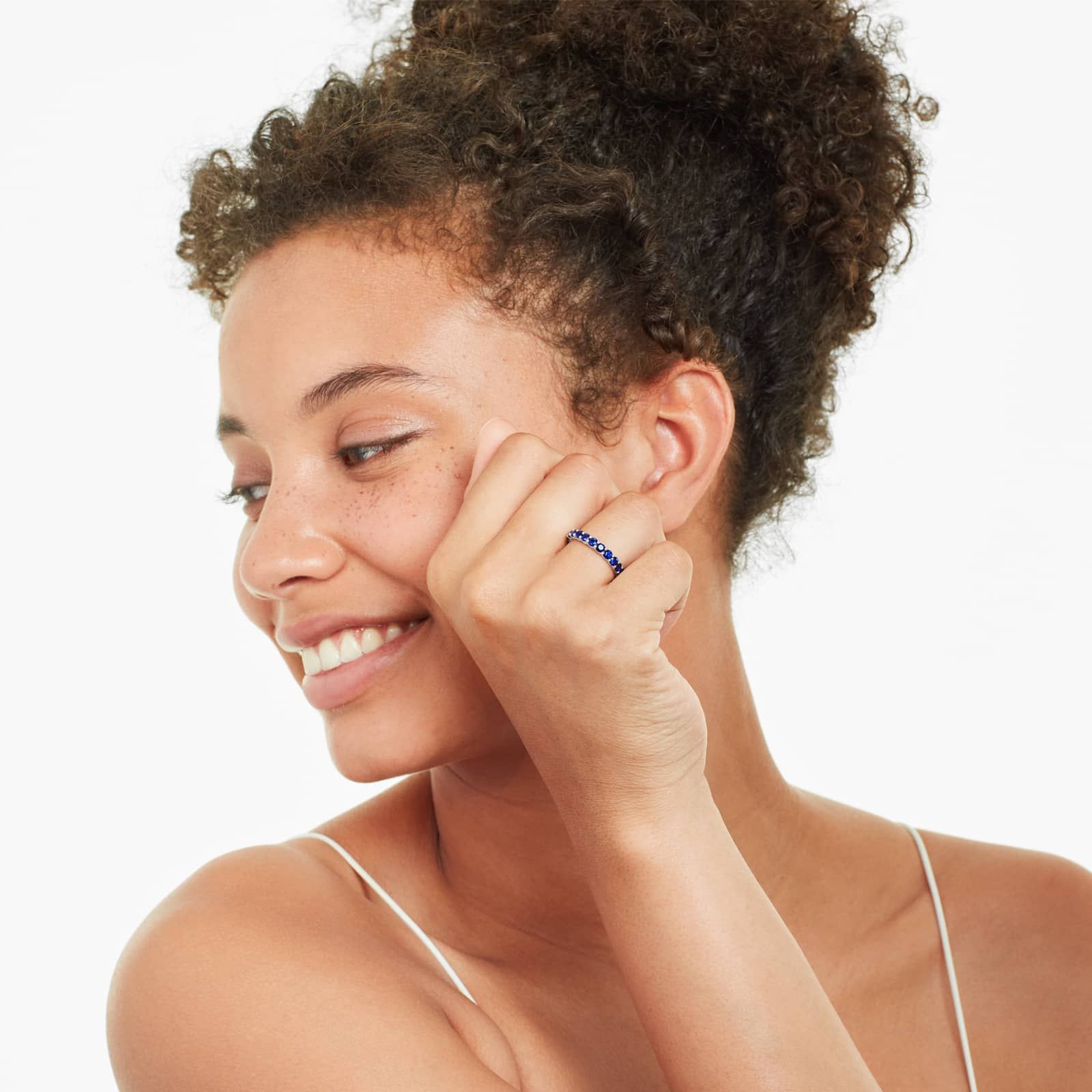 Milgrain Embellished Sapphire Eternity Ring In 14K White Gold