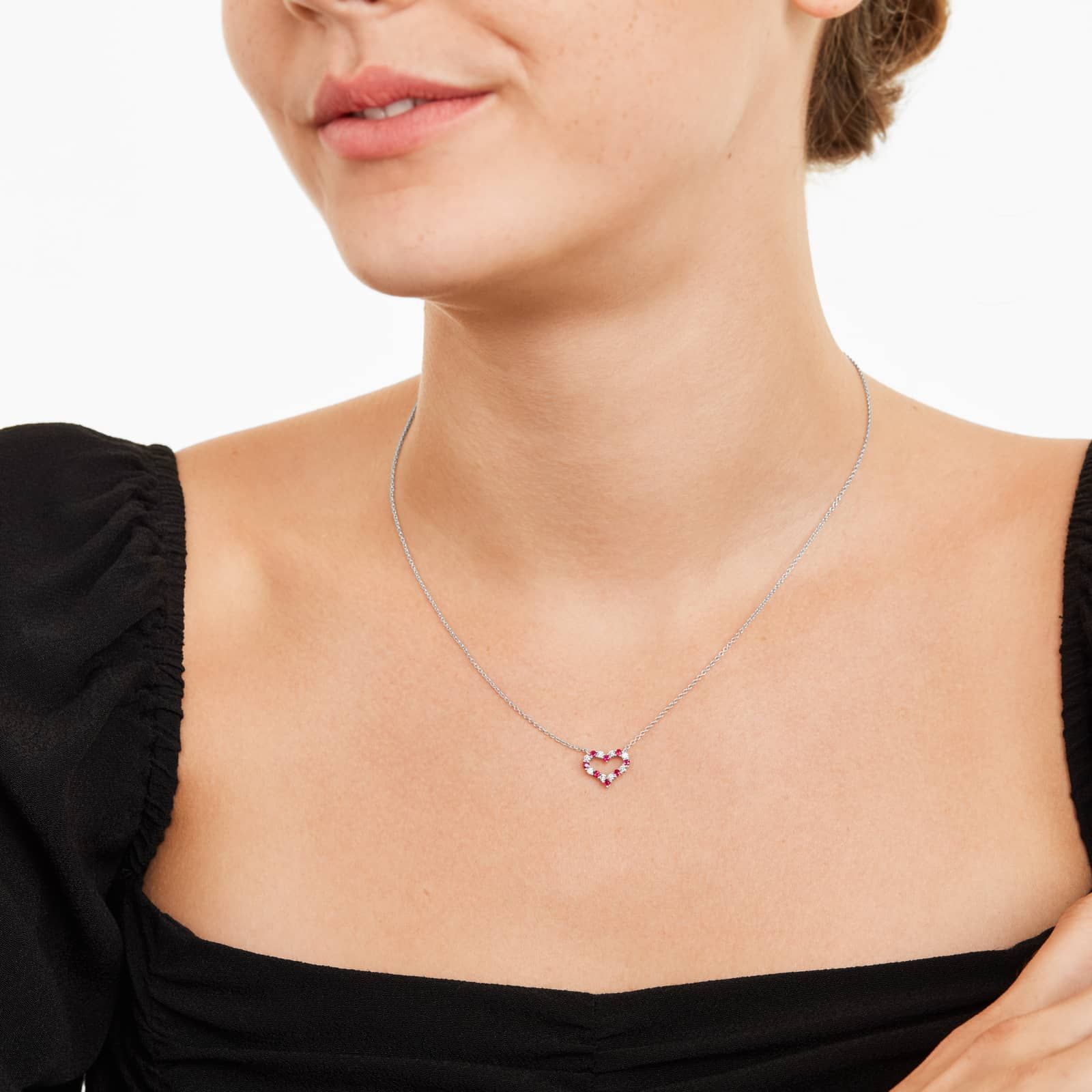 14K White Gold Heart Alternating Ruby and Diamond Necklace