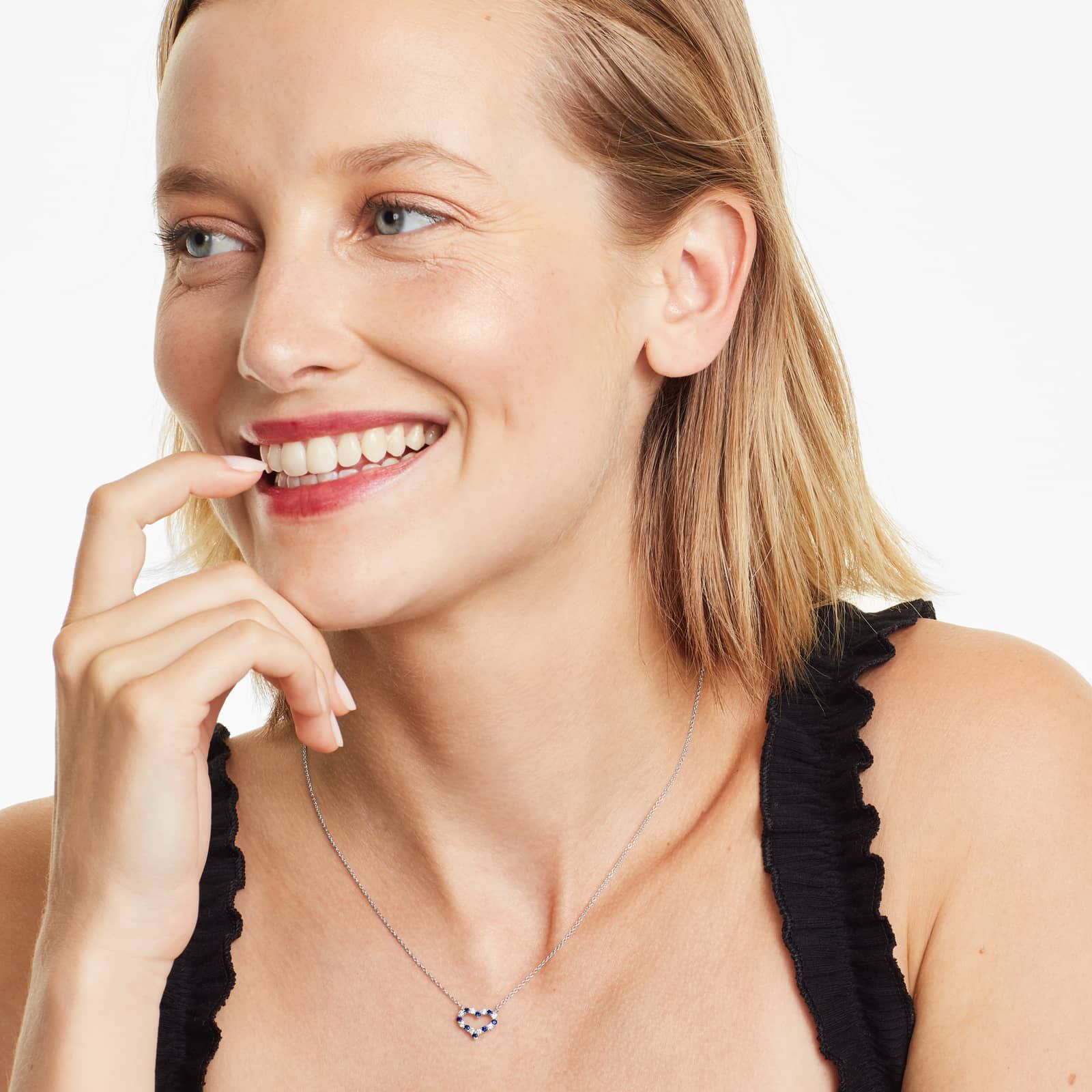 14K White Gold Heart Alternating Sapphire and Diamond Necklace