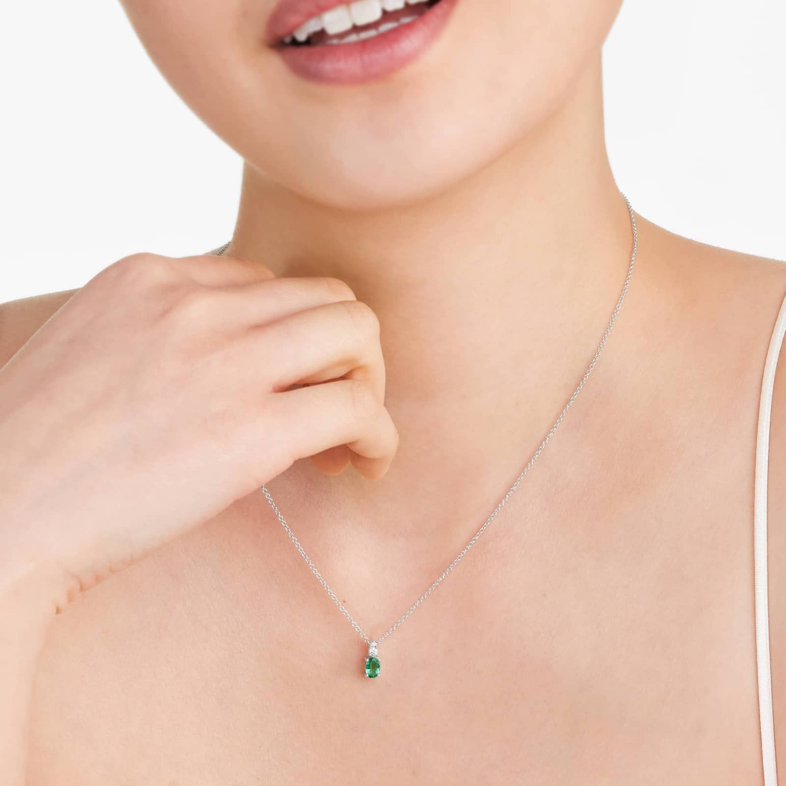 14K White Gold Emerald and Diamond Necklace