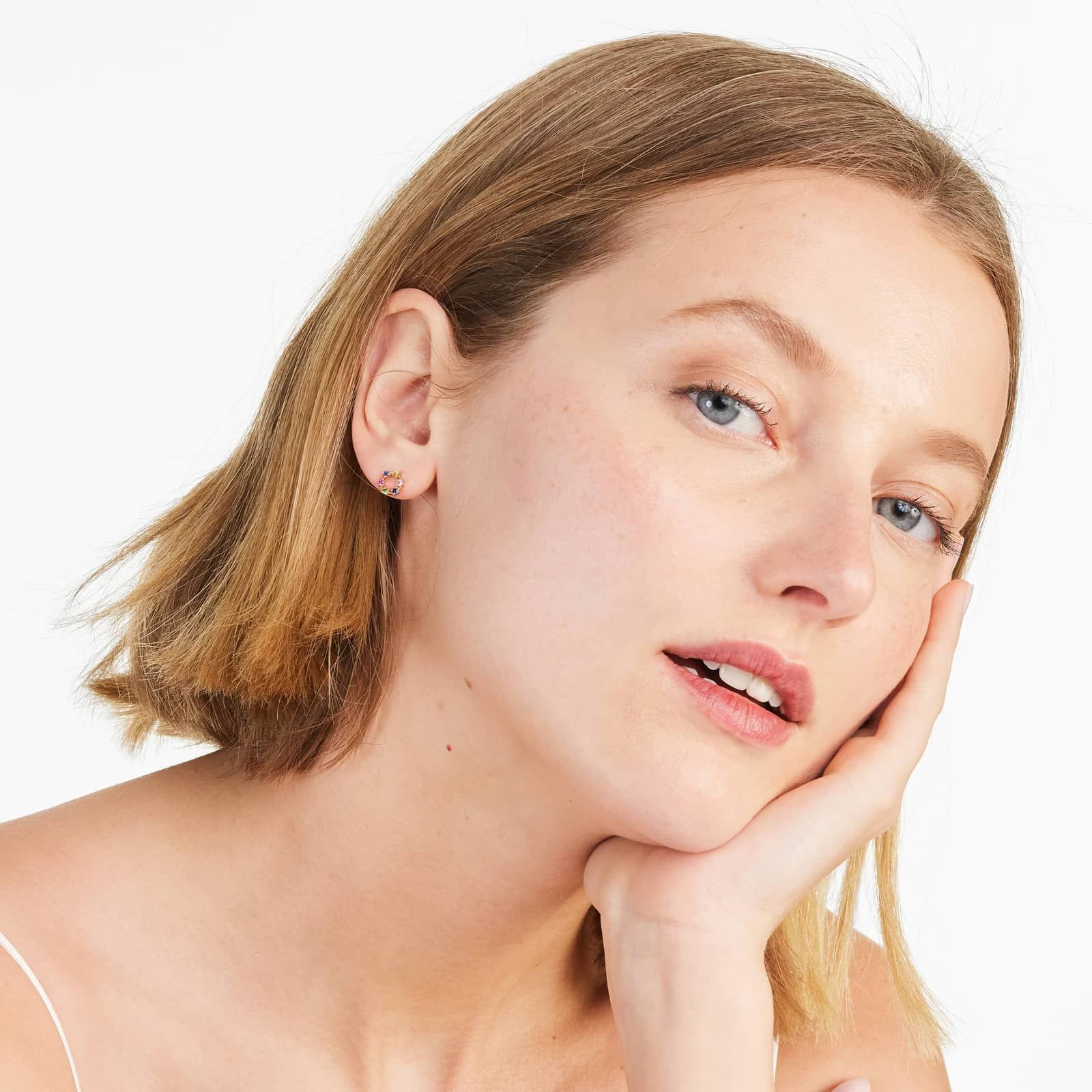 Rainbow Sapphire Circle Stud Earrings In 14K Yellow Gold