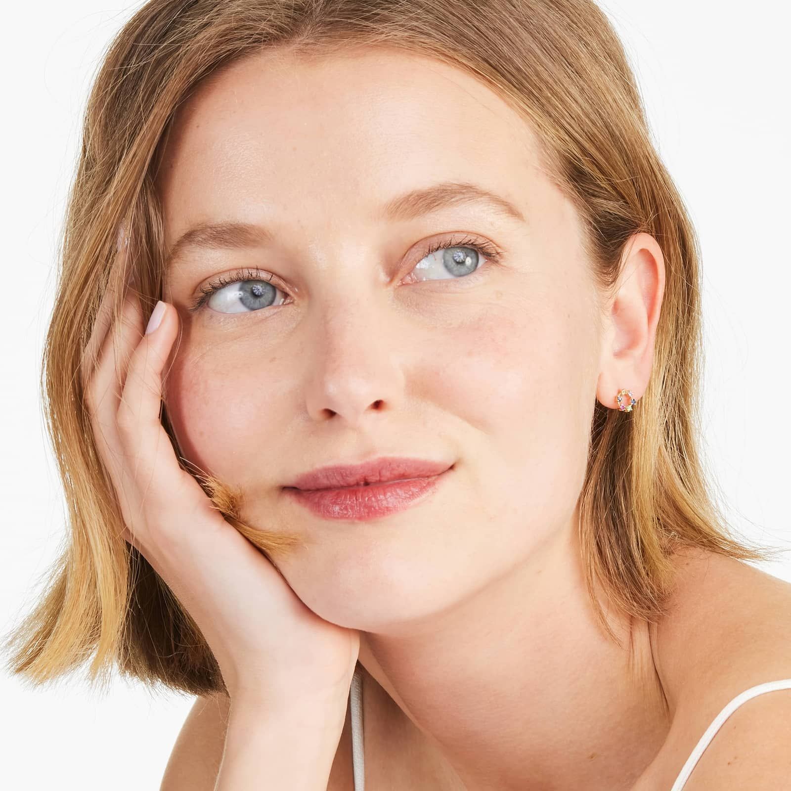 Rainbow Sapphire Circle Stud Earrings In 14K Yellow Gold