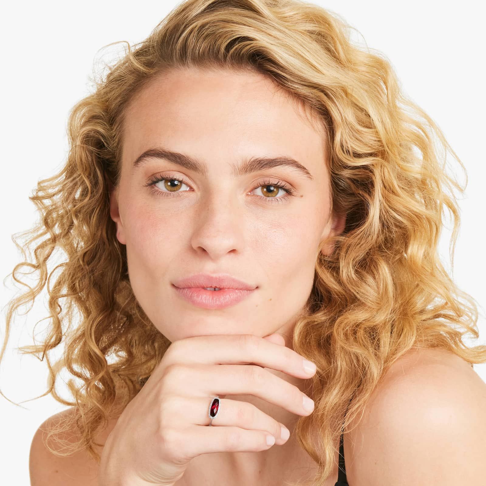 Elongated Garnet Halo Ring In 14K White Gold by Brevani