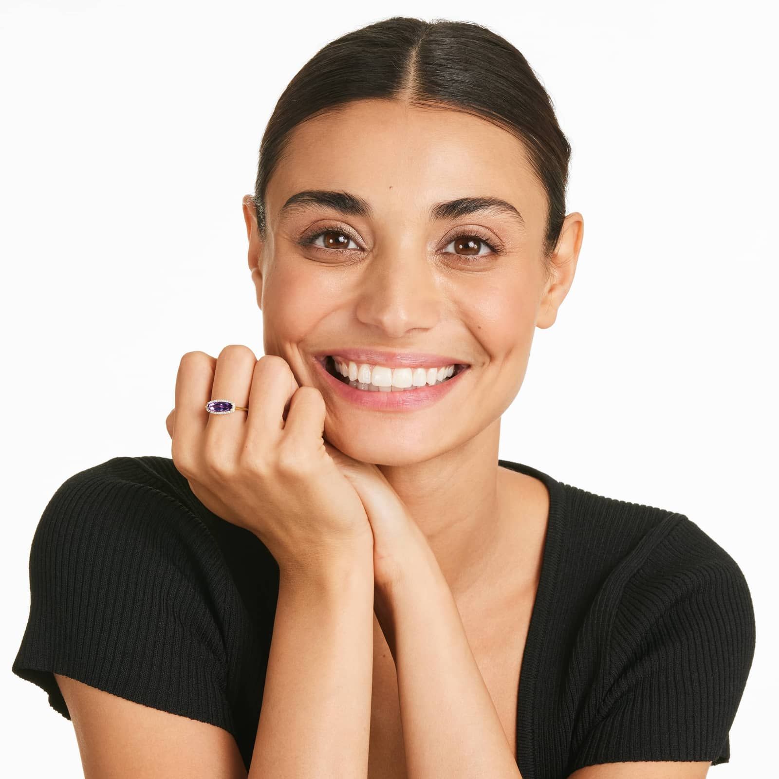 Elongated Amethyst Halo Ring In 14K Yellow Gold by Brevani