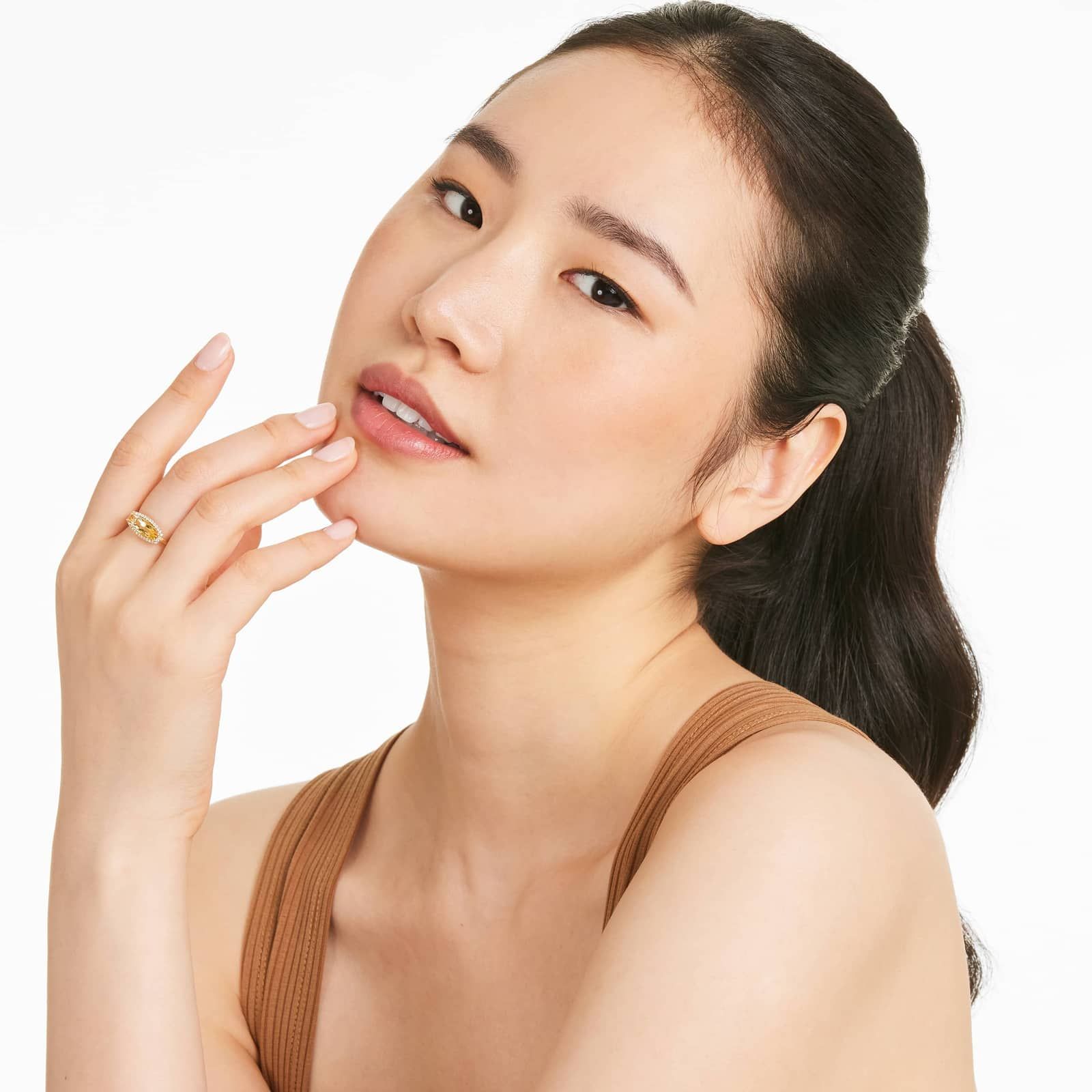 14K Yellow Gold Elongated Citrine Halo Ring by Brevani