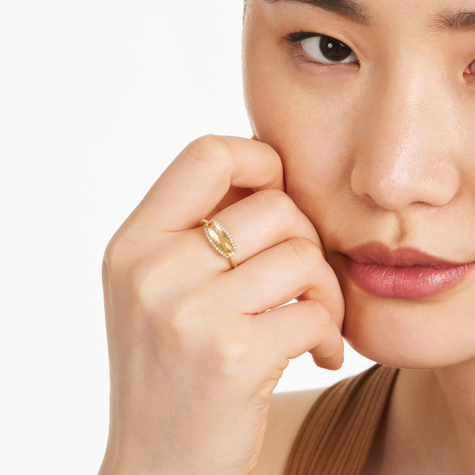 14K Yellow Gold Elongated Citrine Halo Ring by Brevani