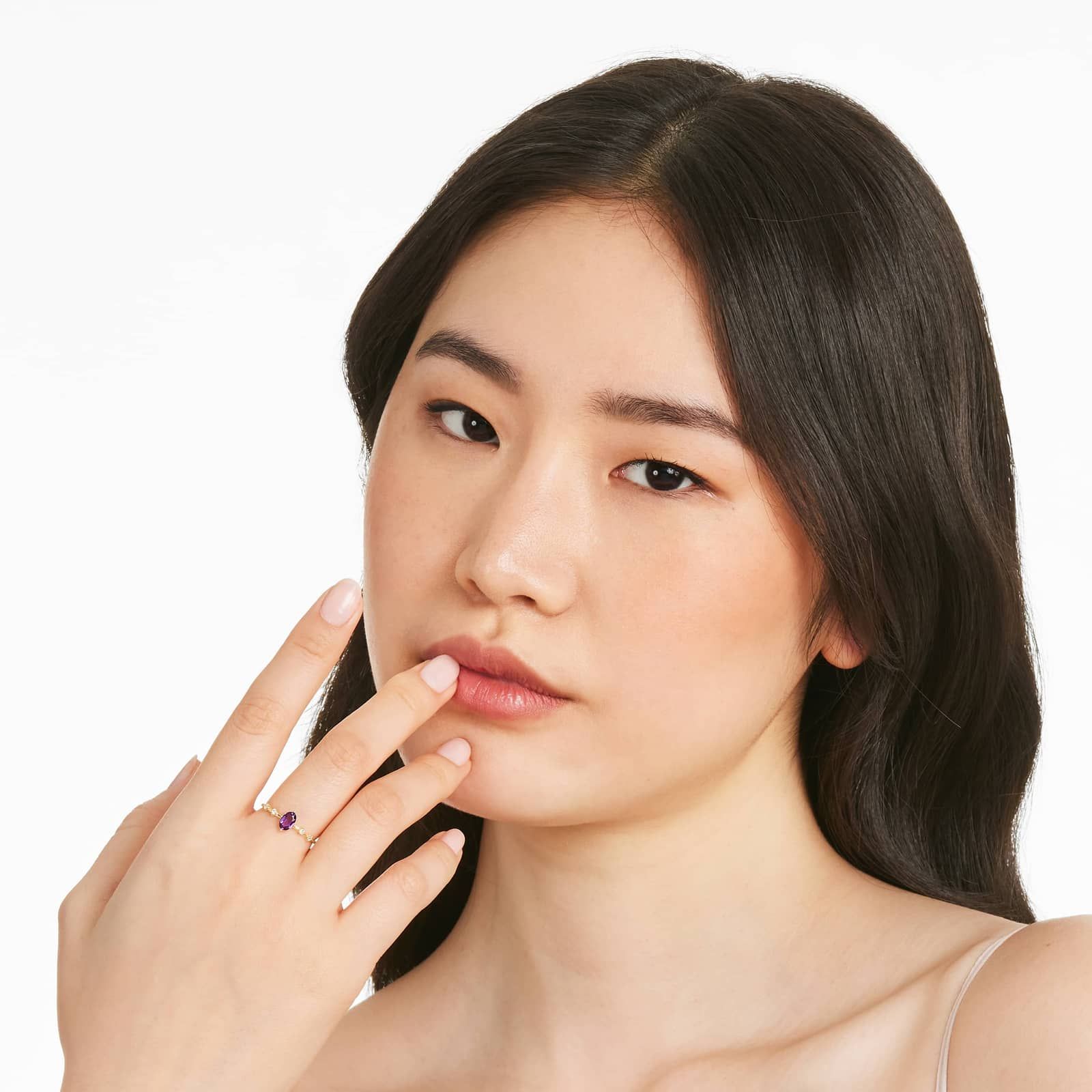 Oval Amethyst And Diamond Birthstone Ring In 14K Yellow Gold