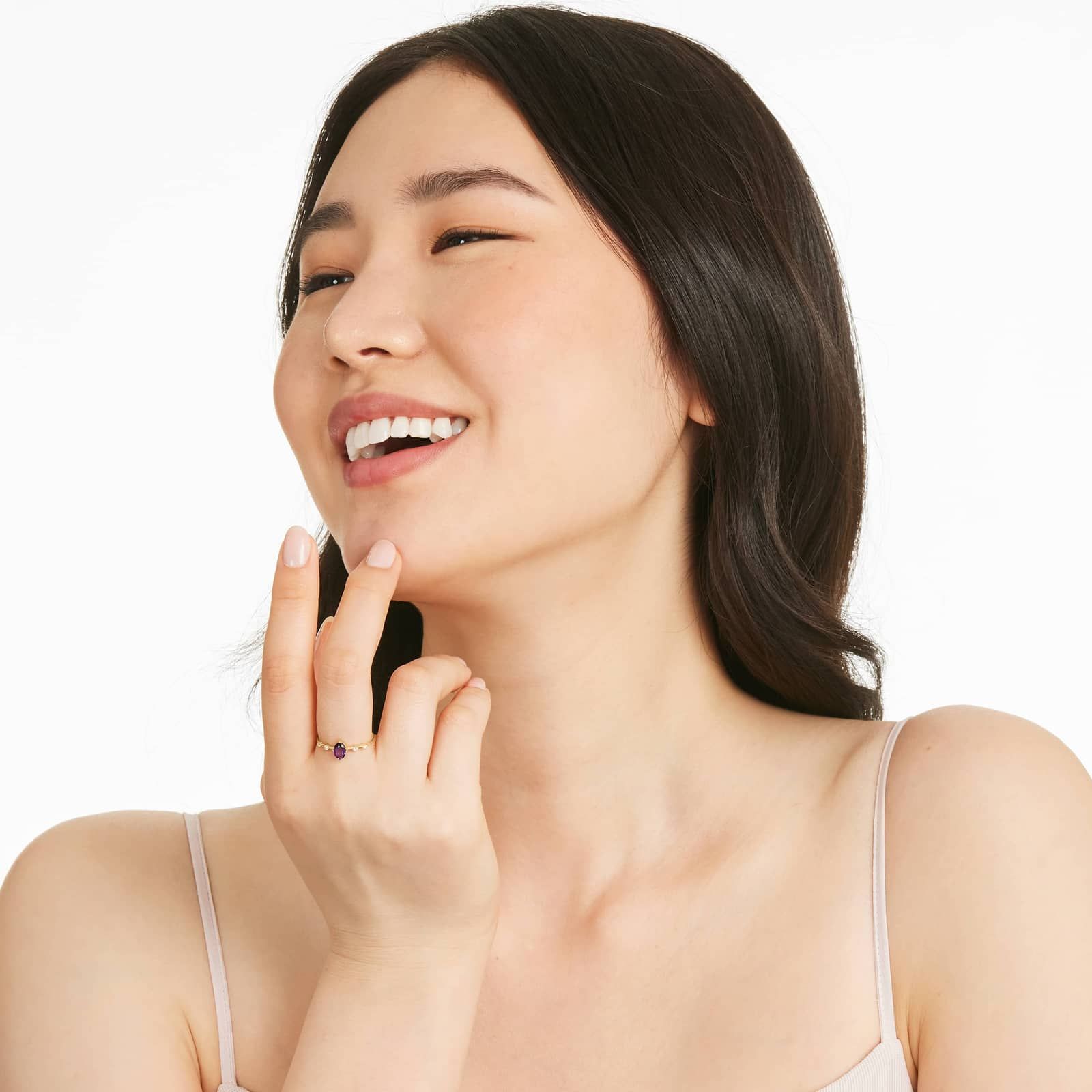 Oval Amethyst And Diamond Birthstone Ring In 14K Yellow Gold