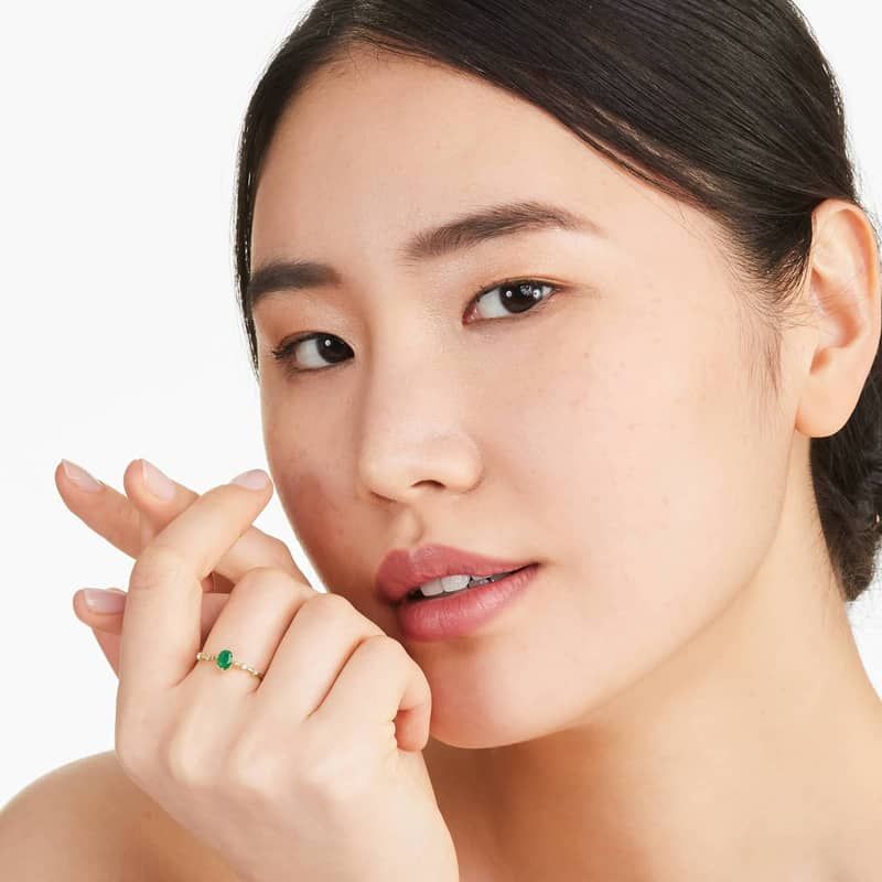 Oval Emerald And Diamond Birthstone Ring In 14K Yellow Gold