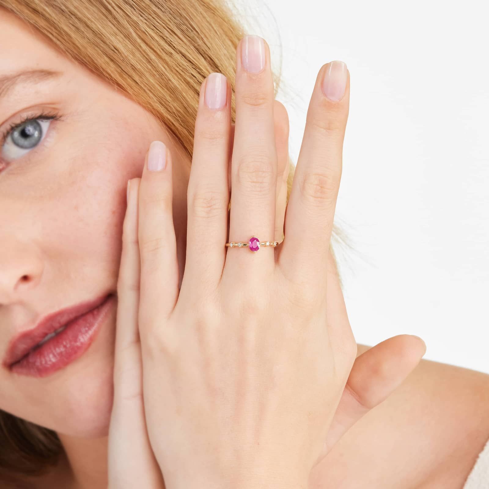 Oval Ruby And Diamond Birthstone Ring In 14K Yellow Gold