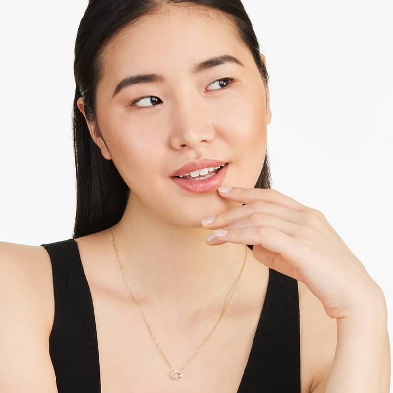 14K Yellow Gold White Topaz Hexagon With Diamond Halo Necklace by Brevani