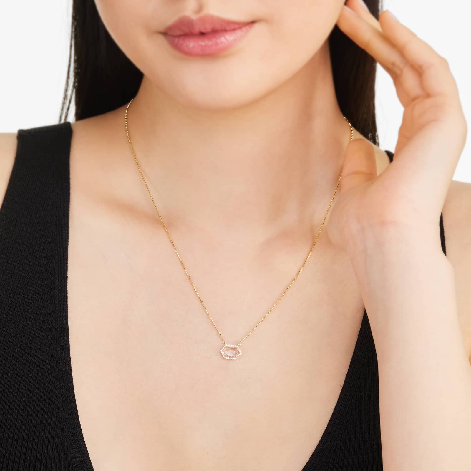 14K Yellow Gold White Topaz Hexagon With Diamond Halo Necklace by Brevani
