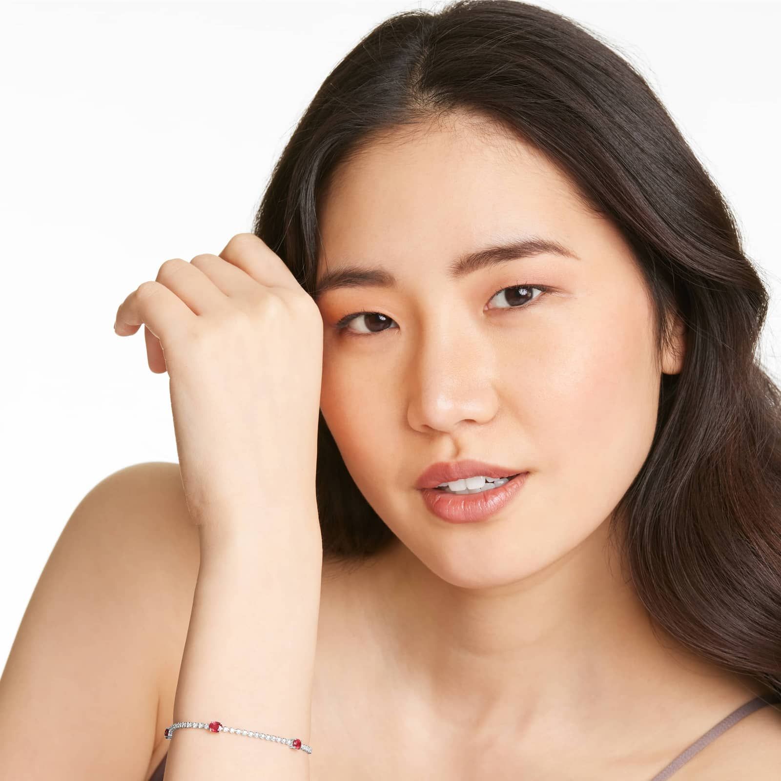 Ruby And Diamond Station Tennis Bracelet In 14K White Gold