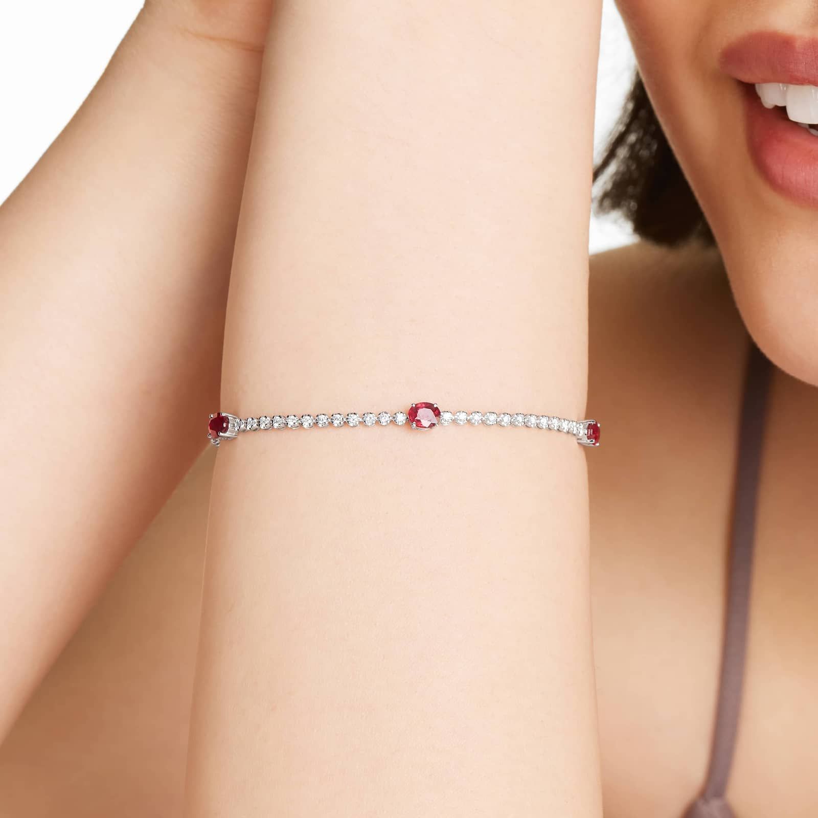 Ruby And Diamond Station Tennis Bracelet In 14K White Gold