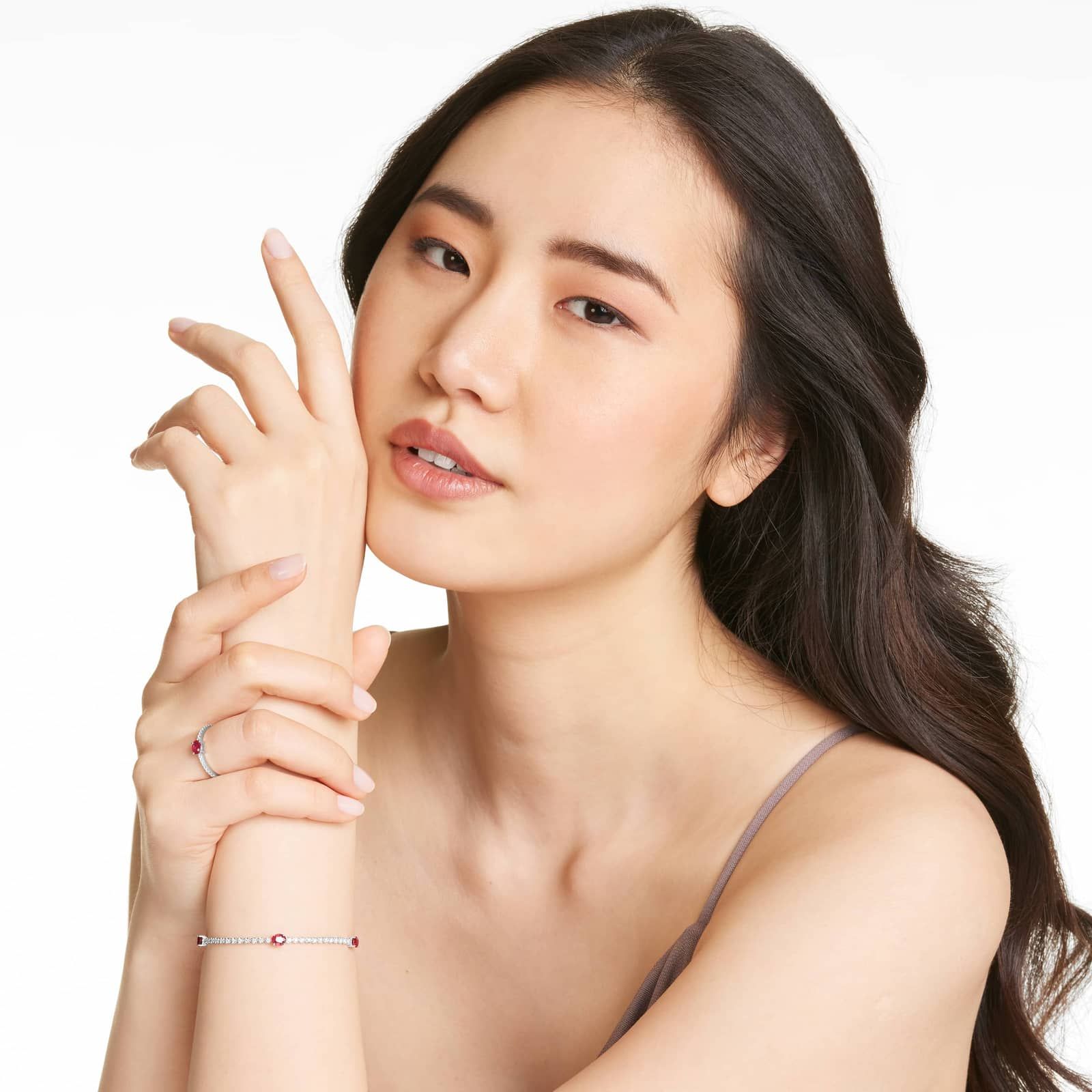 Ruby And Diamond Station Tennis Bracelet In 14K White Gold