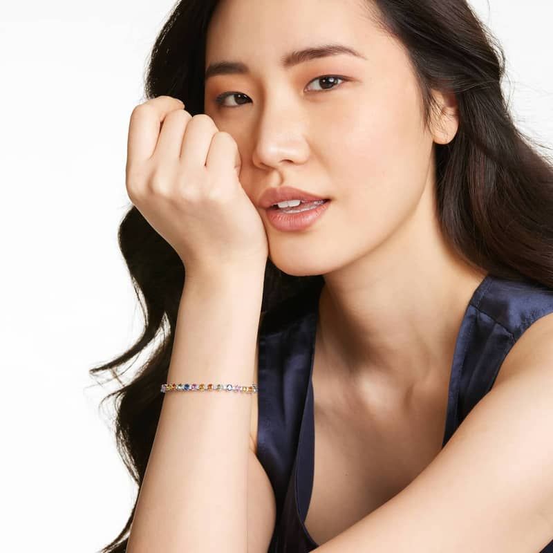 Oval Cut Multi-Color Sapphire And Diamond Tennis Bracelet In 14K White Gold