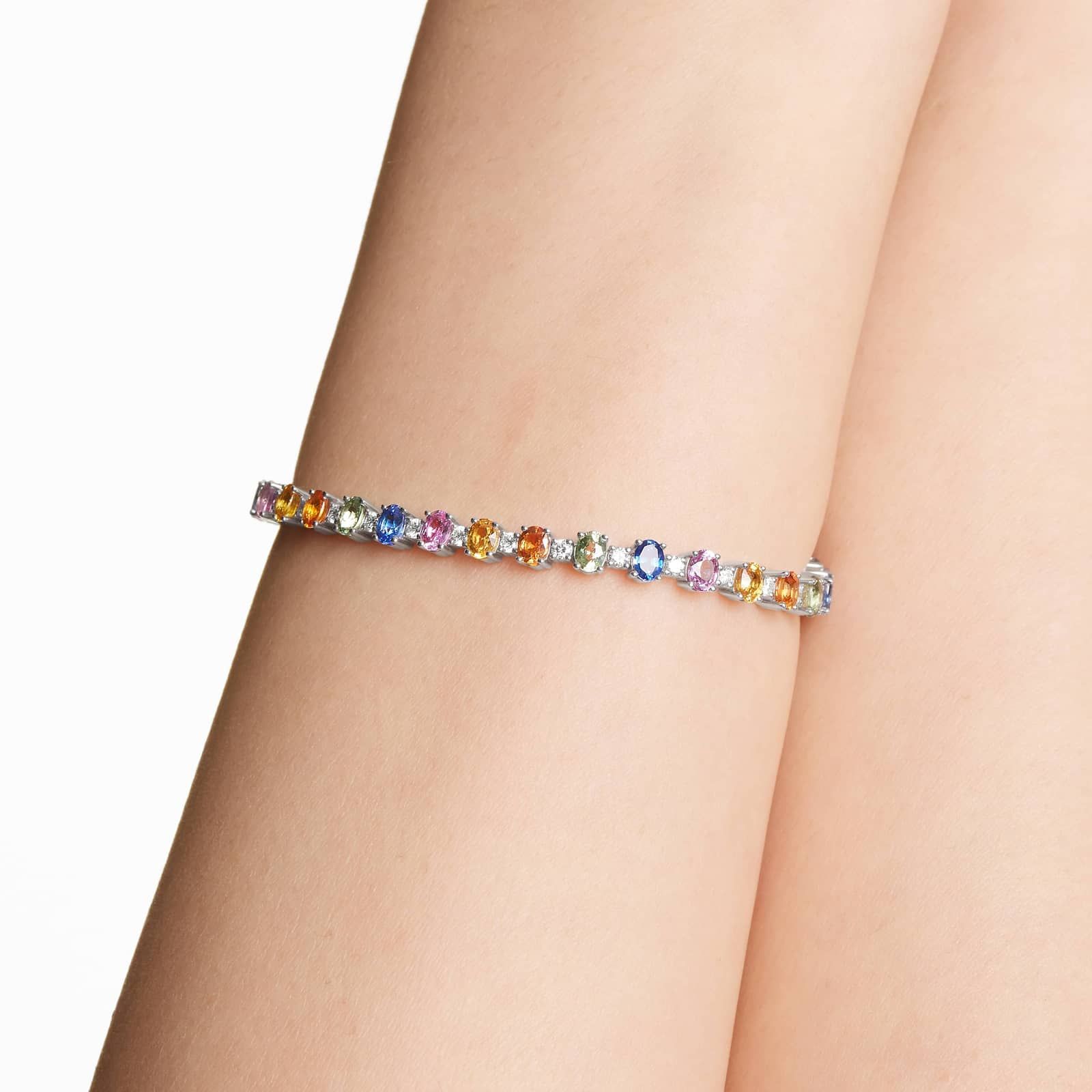 Oval Cut Multi-Color Sapphire And Diamond Tennis Bracelet In 14K White Gold