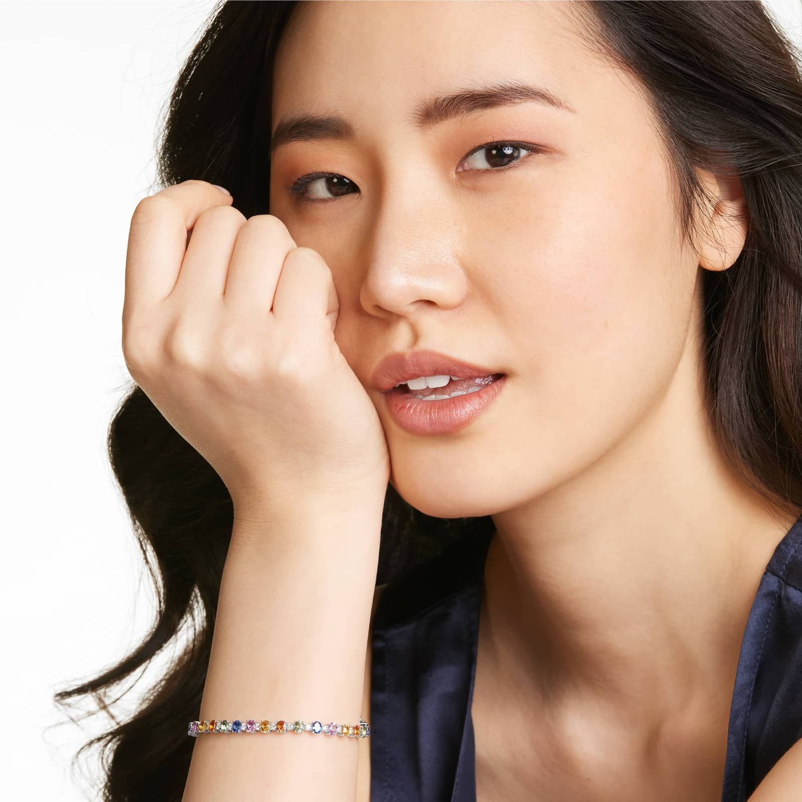 Oval Cut Multi-Color Sapphire And Diamond Tennis Bracelet In 14K White Gold