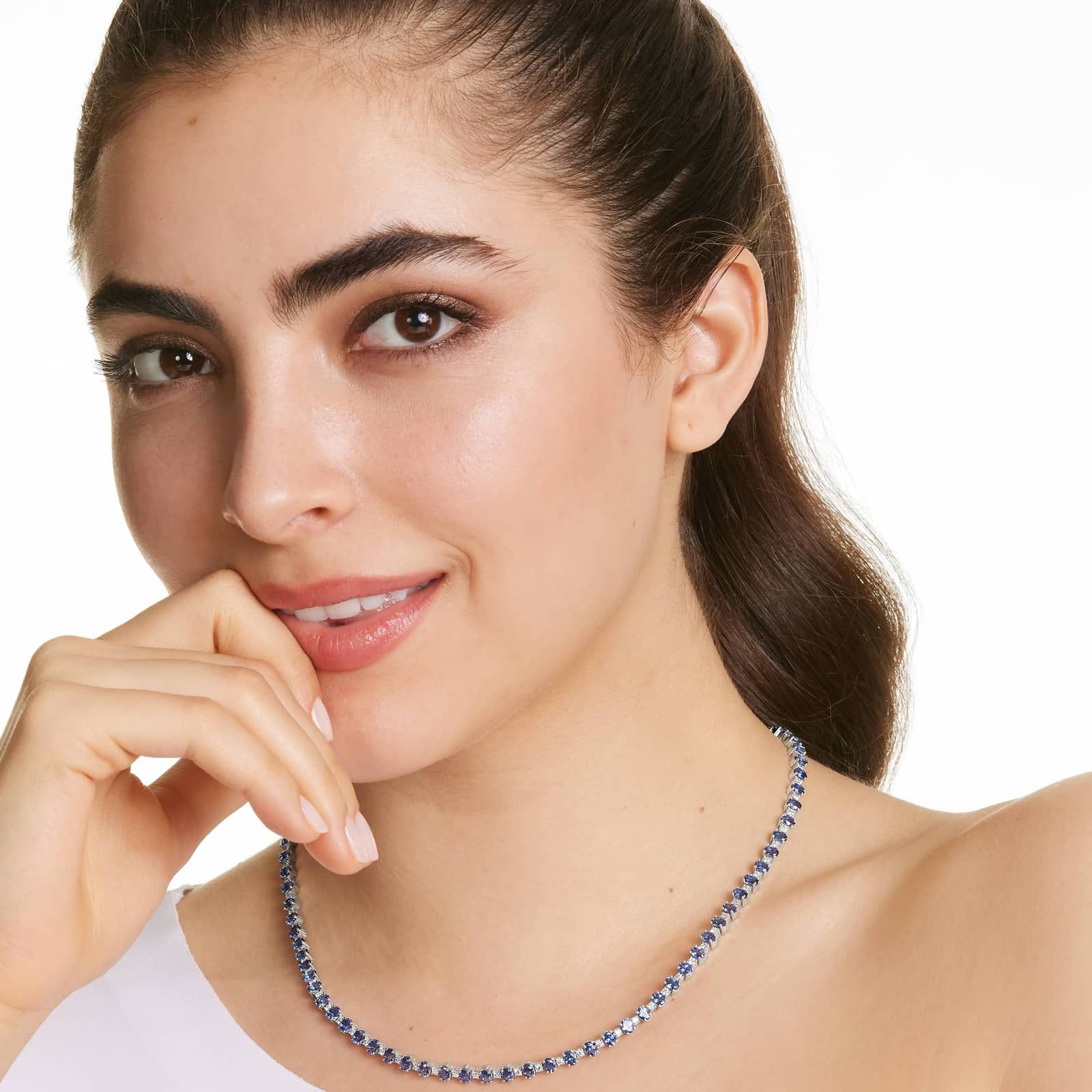 14K White Gold Oval Blue Sapphire and Diamond Tennis Necklace