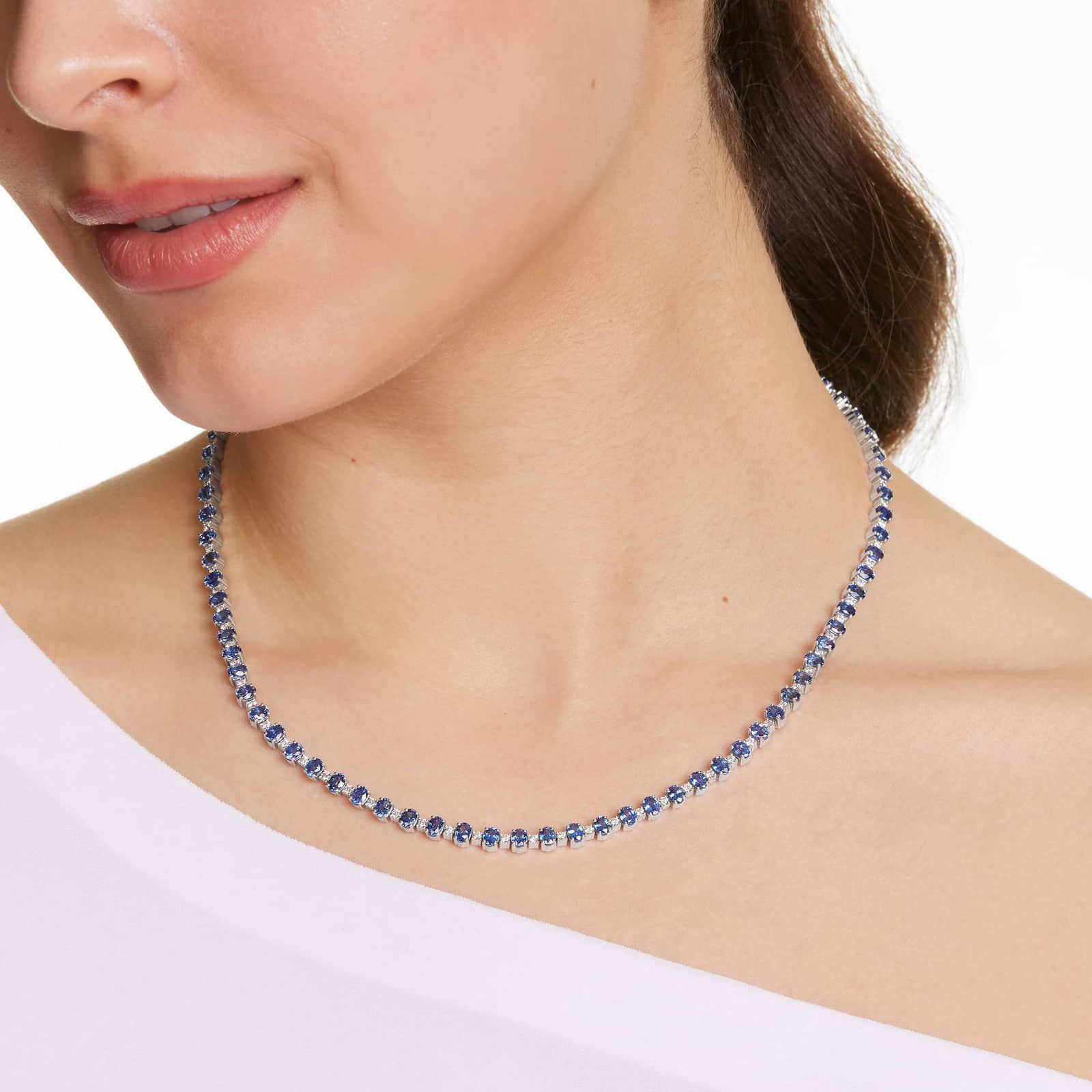 14K White Gold Oval Blue Sapphire and Diamond Tennis Necklace