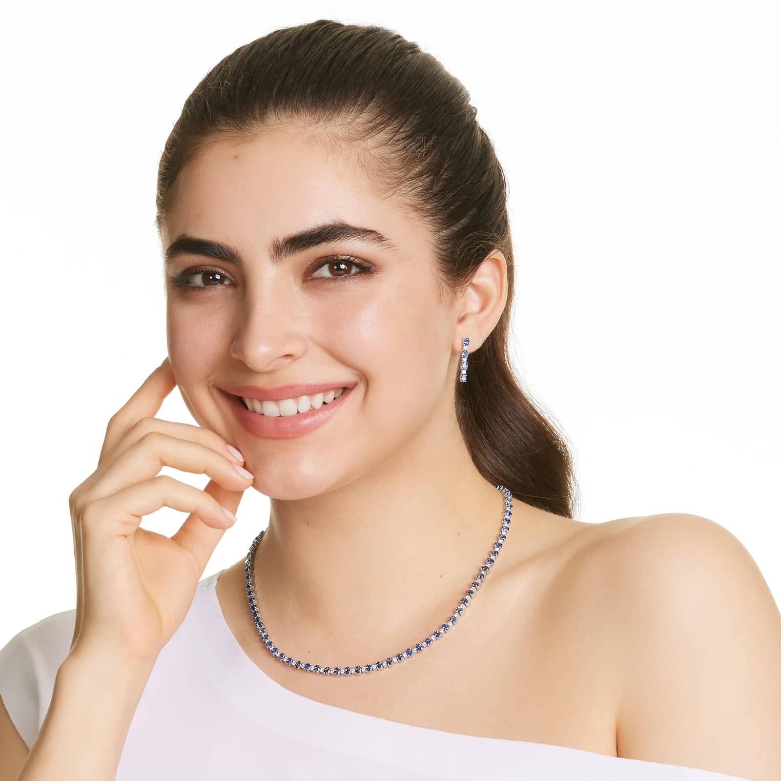 14K White Gold Oval Blue Sapphire and Diamond Tennis Necklace