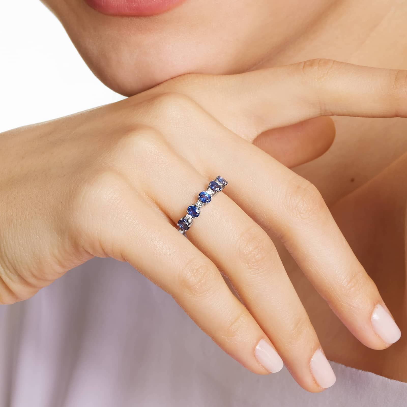 Oval Blue Sapphire And Diamond Ring In 14K White Gold