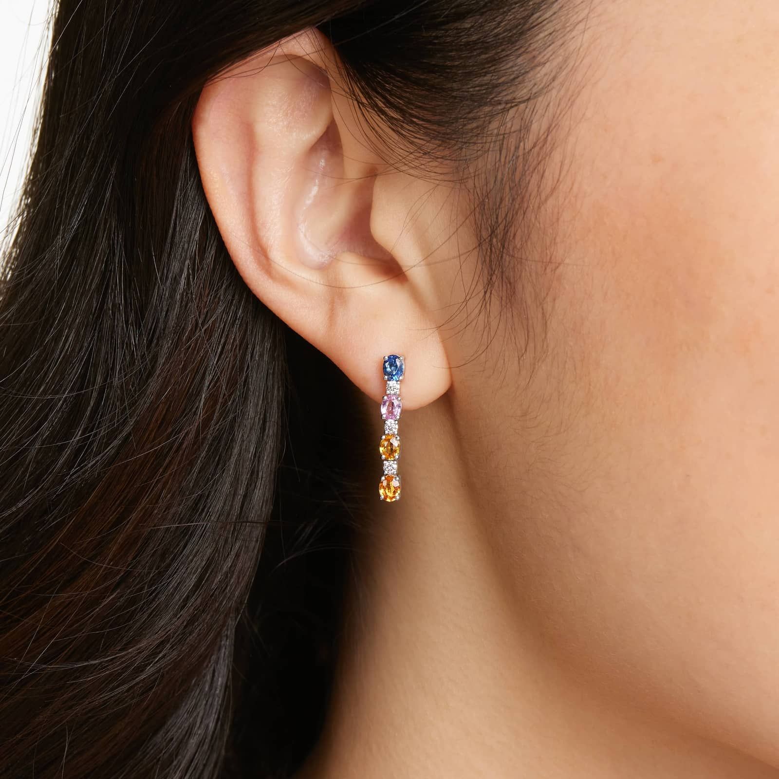 Oval Cut Multi-Color Sapphire And Diamond Drop Earrings In 14K White Gold