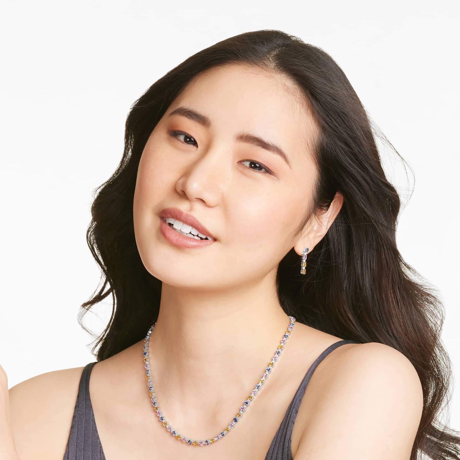 Oval Cut Multi-Color Sapphire And Diamond Drop Earrings In 14K White Gold