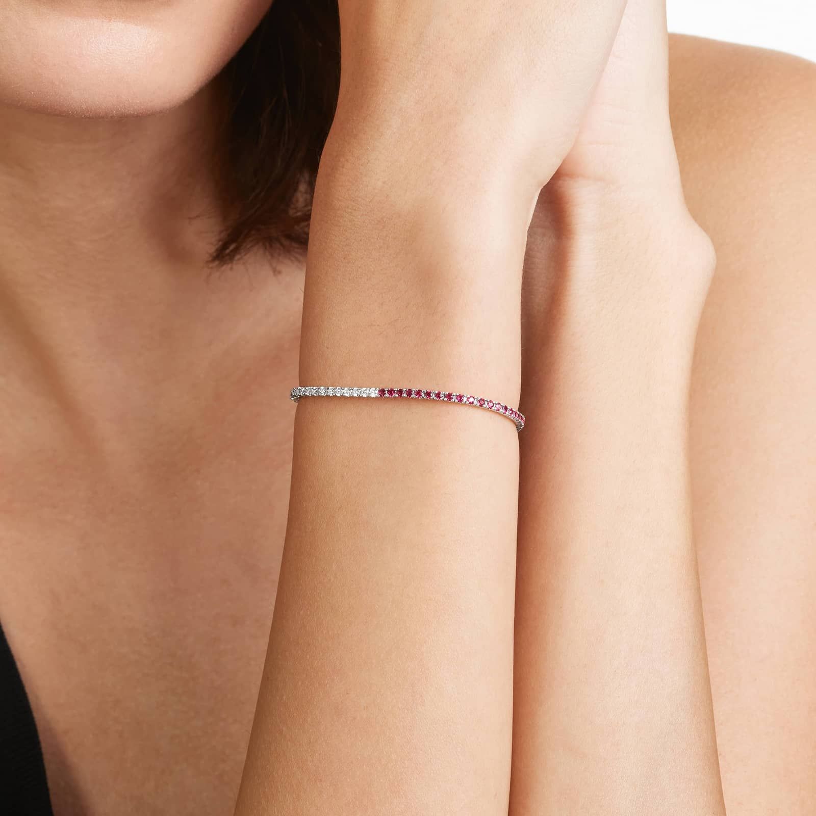 Half And Half Ruby And Diamond Tennis Bracelet In 14K White Gold