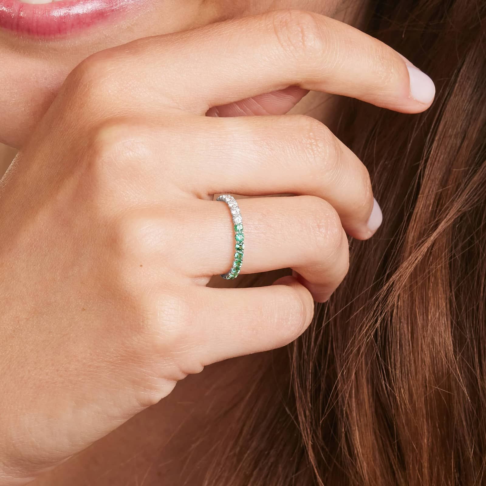 Half And Half Emerald And Diamond Eternity Ring In 14K White Gold