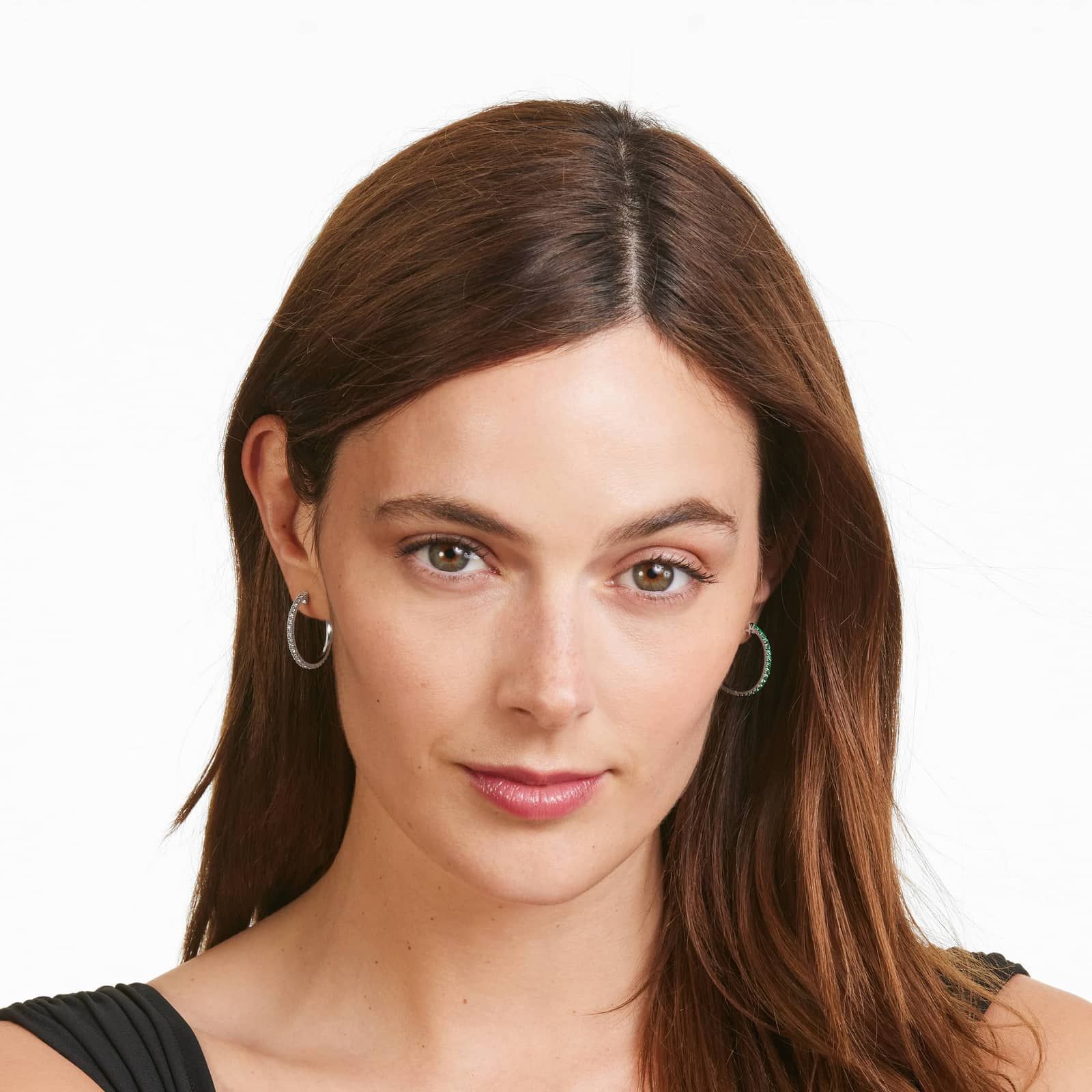 Half And Half Emerald And Diamond Hoop Earrings In 14K White Gold