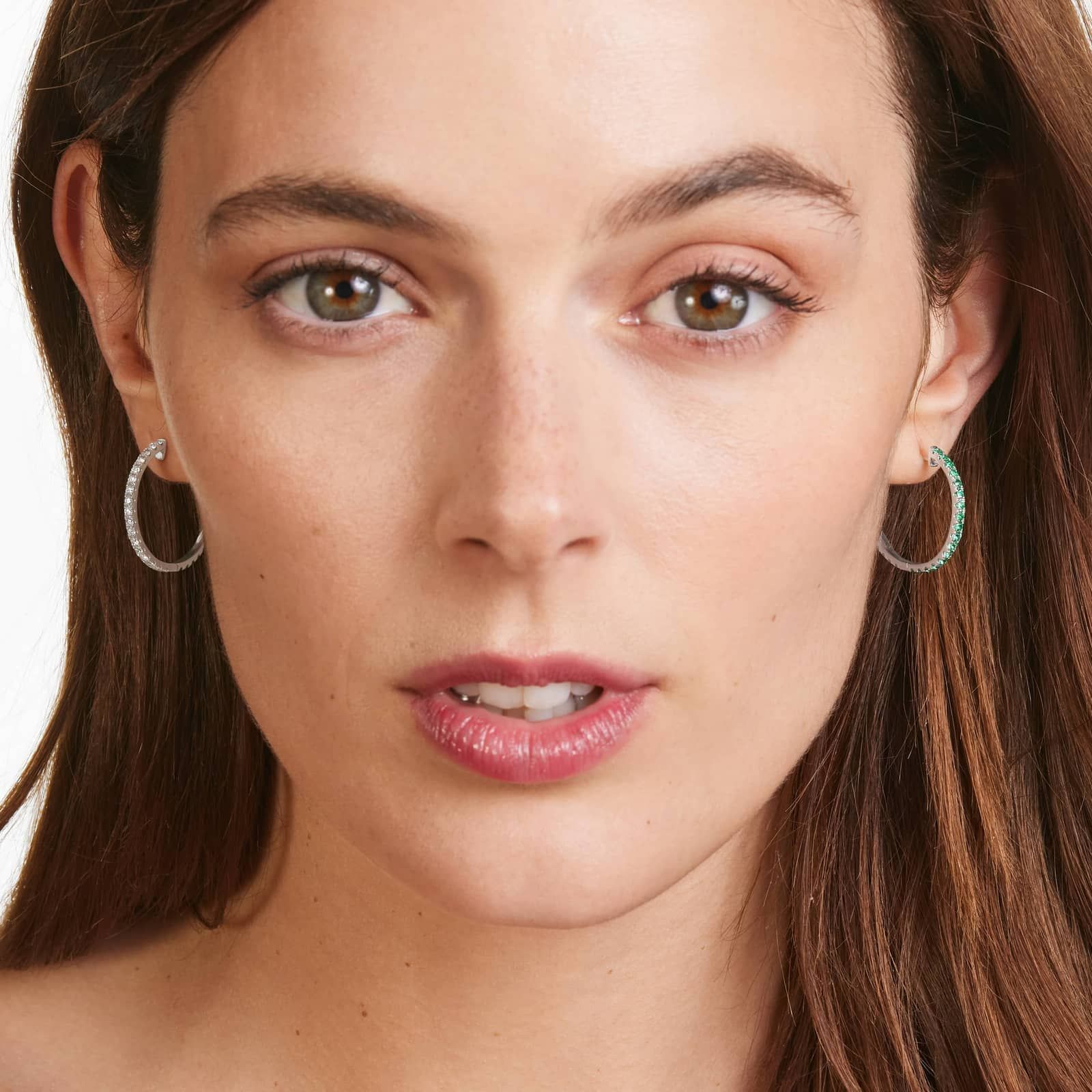 Half And Half Emerald And Diamond Hoop Earrings In 14K White Gold