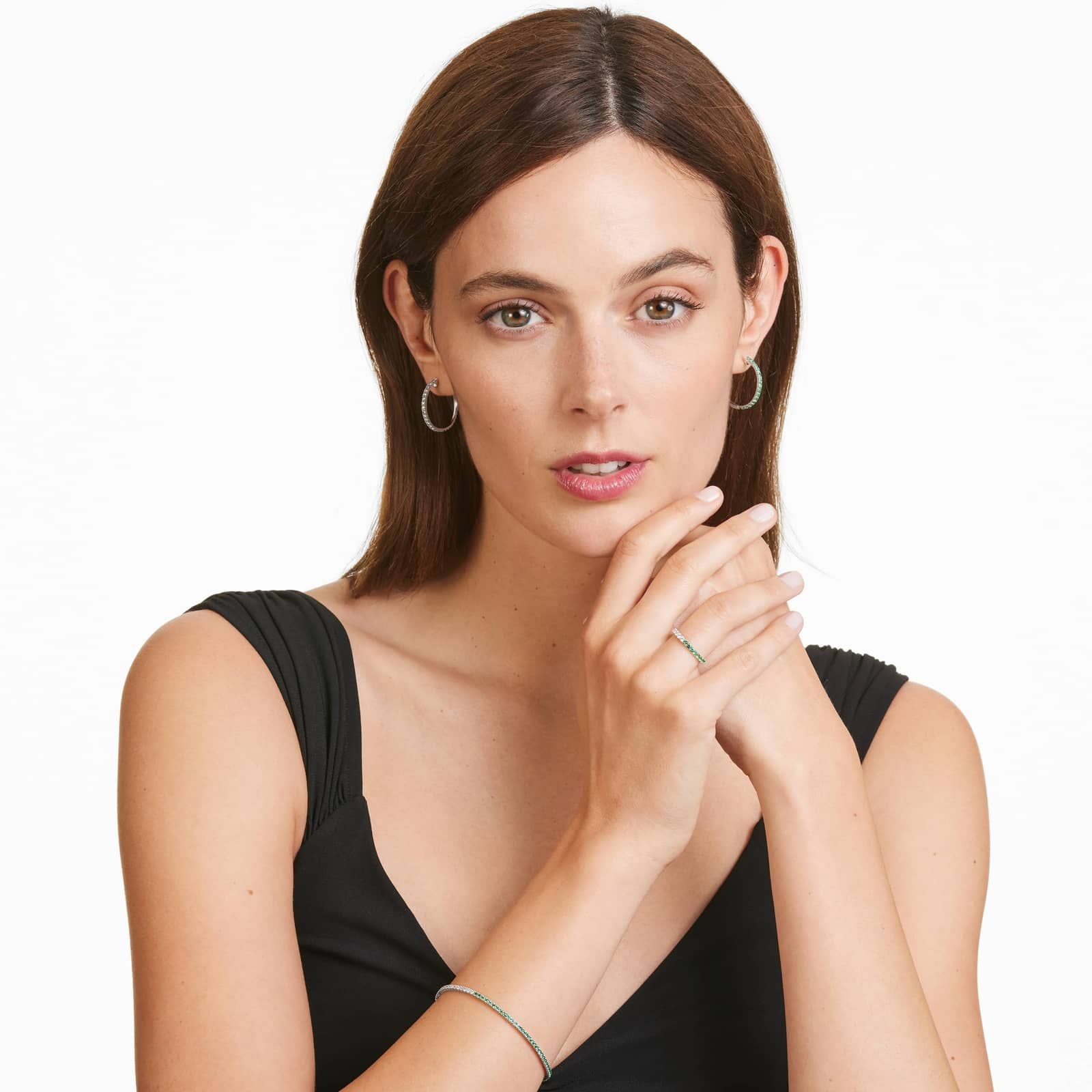 Half And Half Emerald And Diamond Hoop Earrings In 14K White Gold