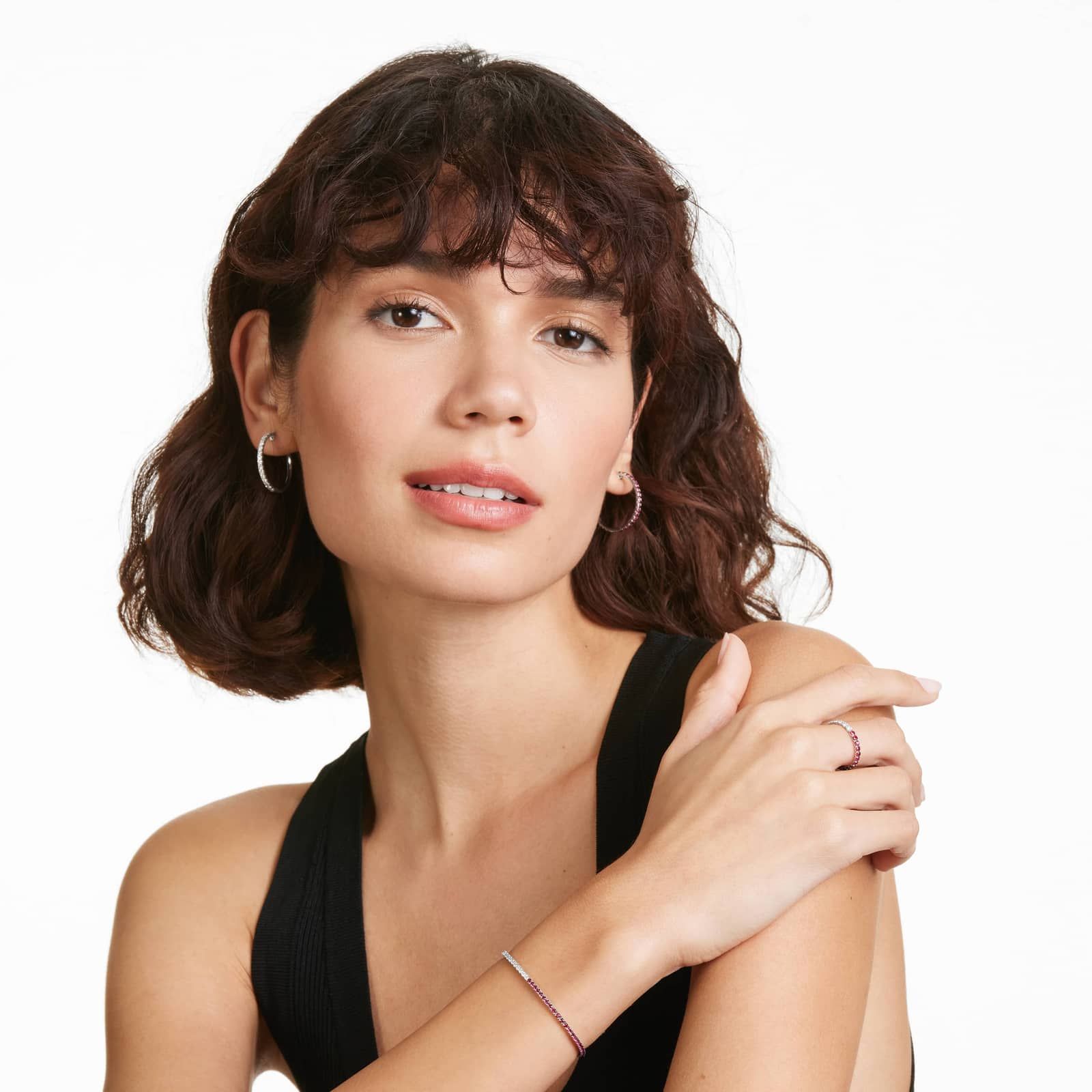 Half And Half Ruby And Diamond Hoop Earrings In 14K White Gold