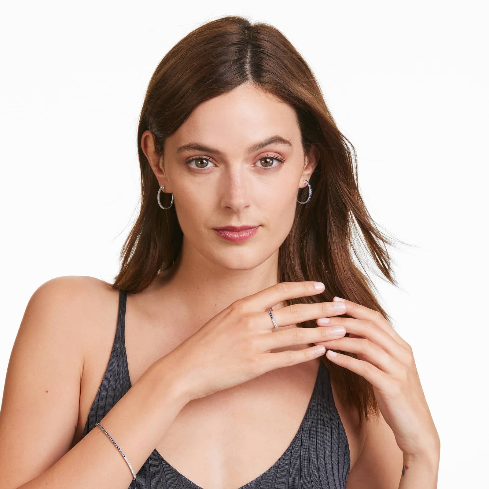 Half And Half Sapphire And Diamond Hoop Earrings In 14K White Gold