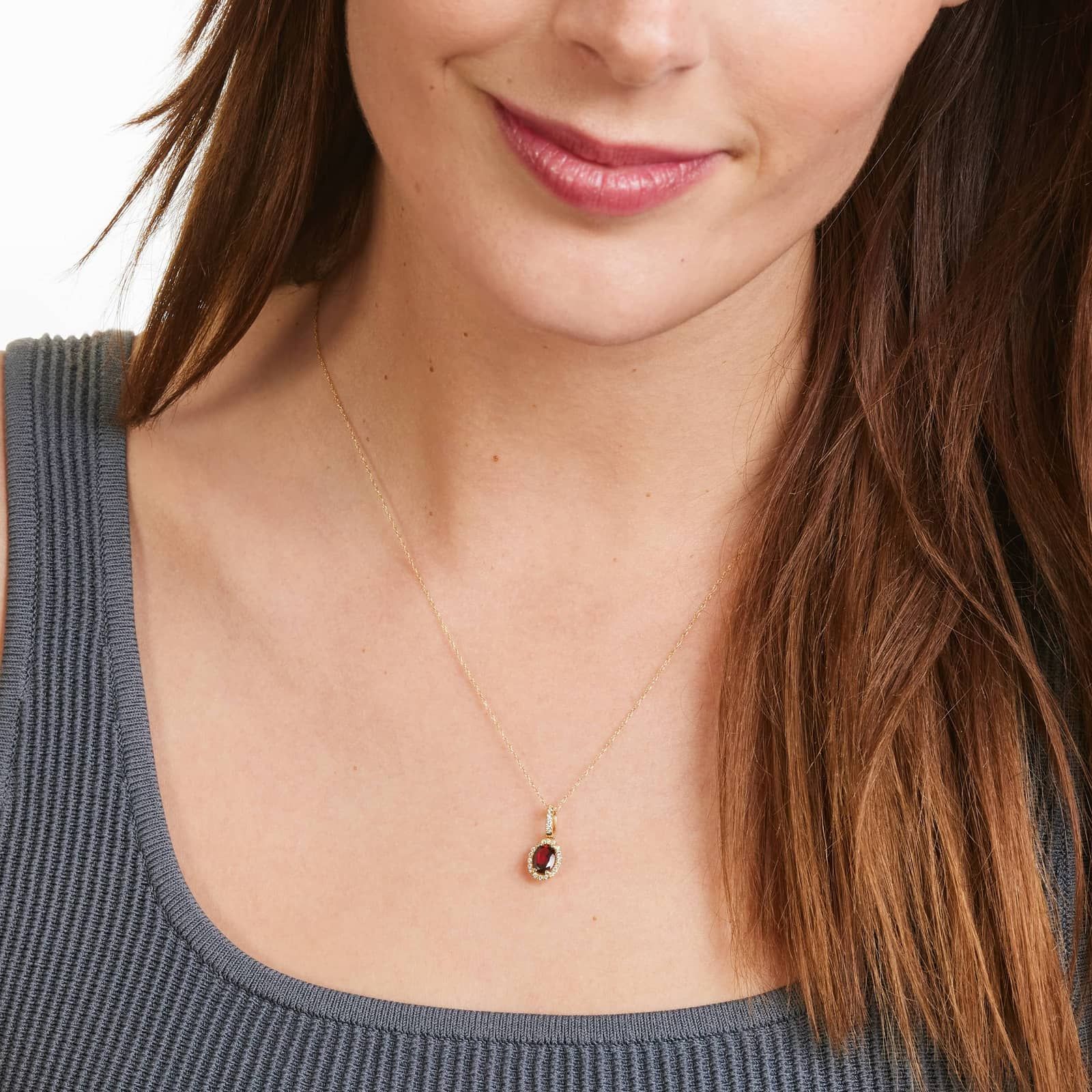 14K Yellow Gold Oval Halo Garnet and Diamond Necklace