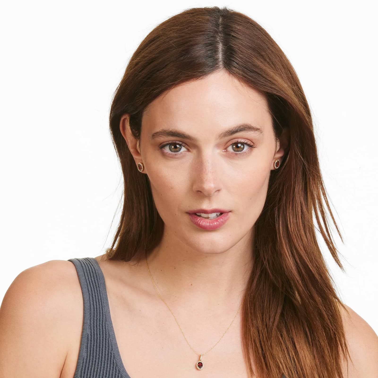 14K Yellow Gold Oval Halo Garnet and Diamond Necklace