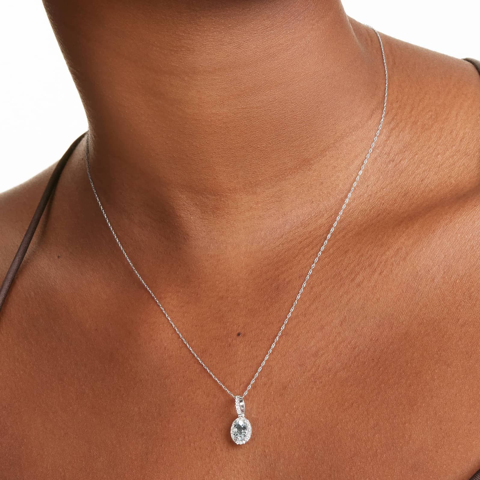 14K White Gold Oval Halo Aquamarine and Diamond Necklace