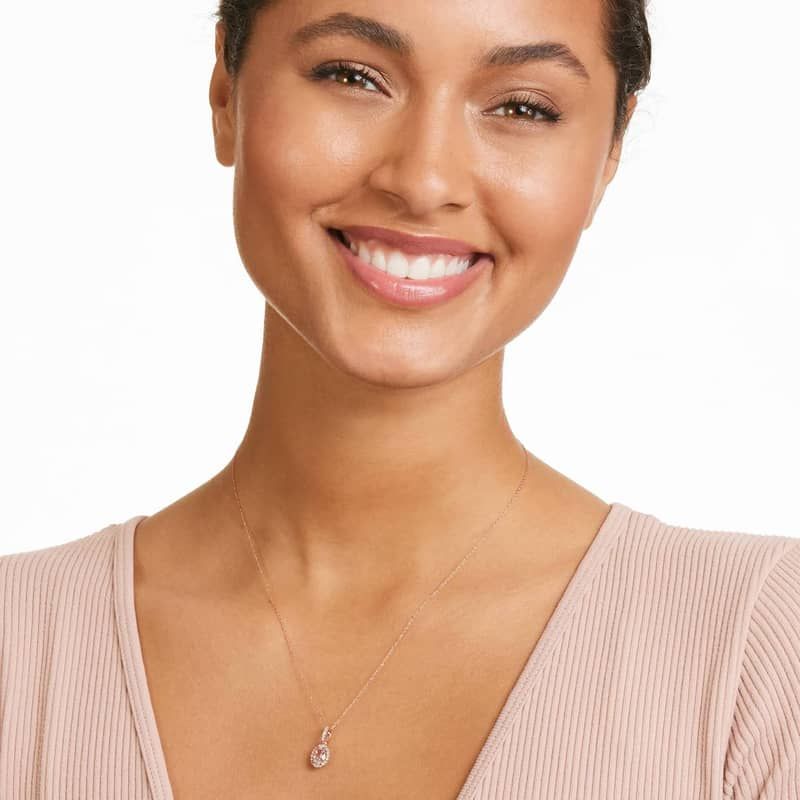 14K Rose Gold Oval Halo Morganite and Diamond Necklace
