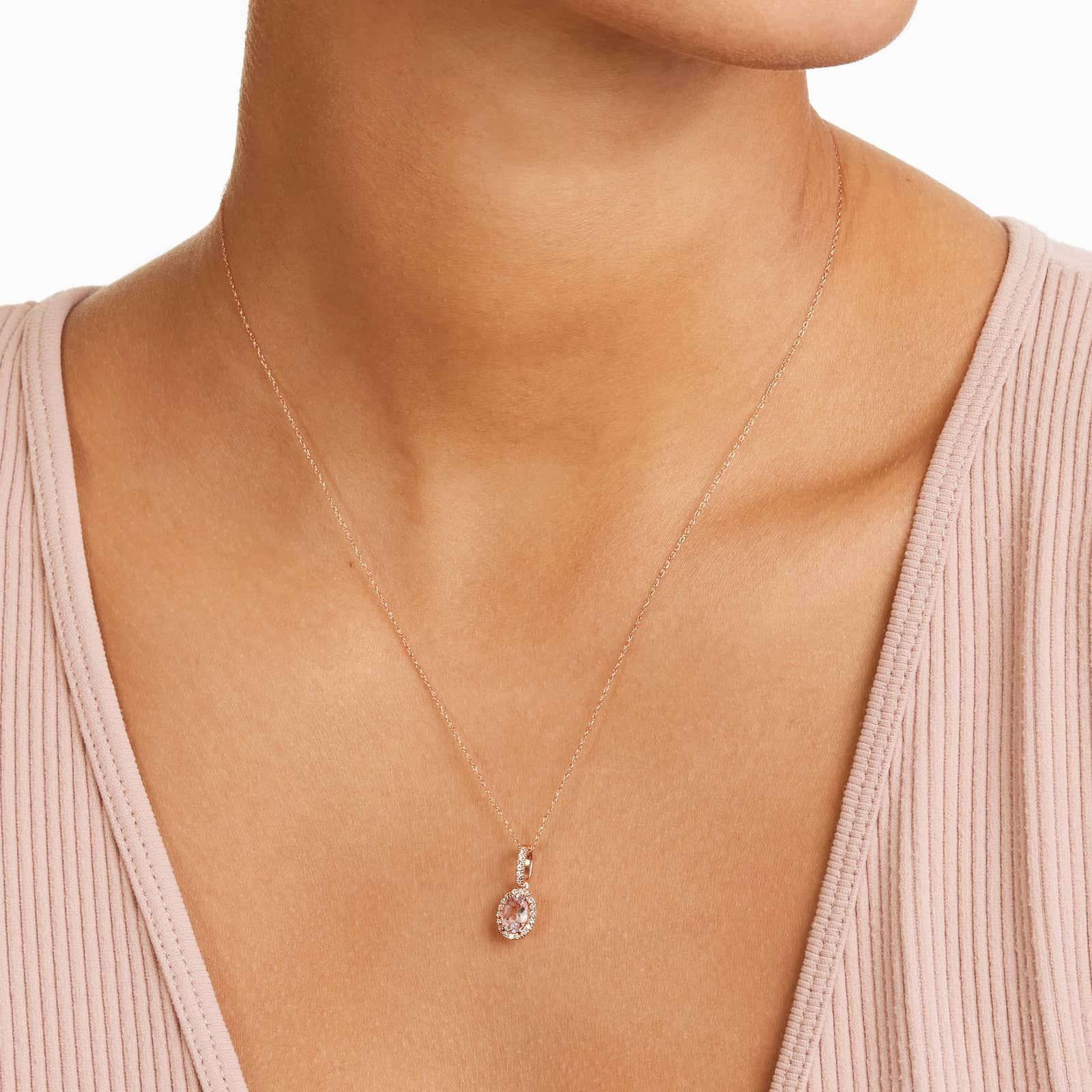 14K Rose Gold Oval Halo Morganite and Diamond Necklace